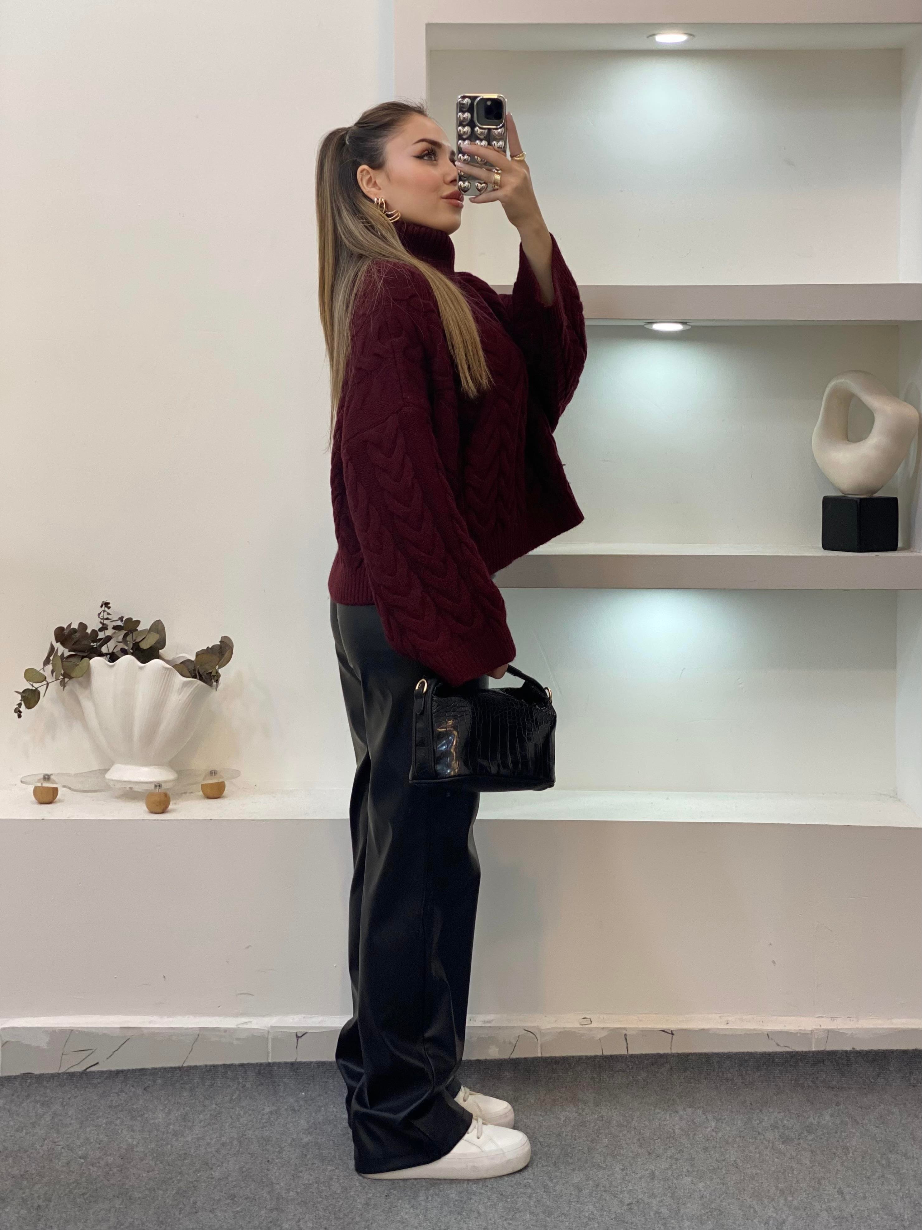 Bordo Saç Örgü Boğazlı Kazak