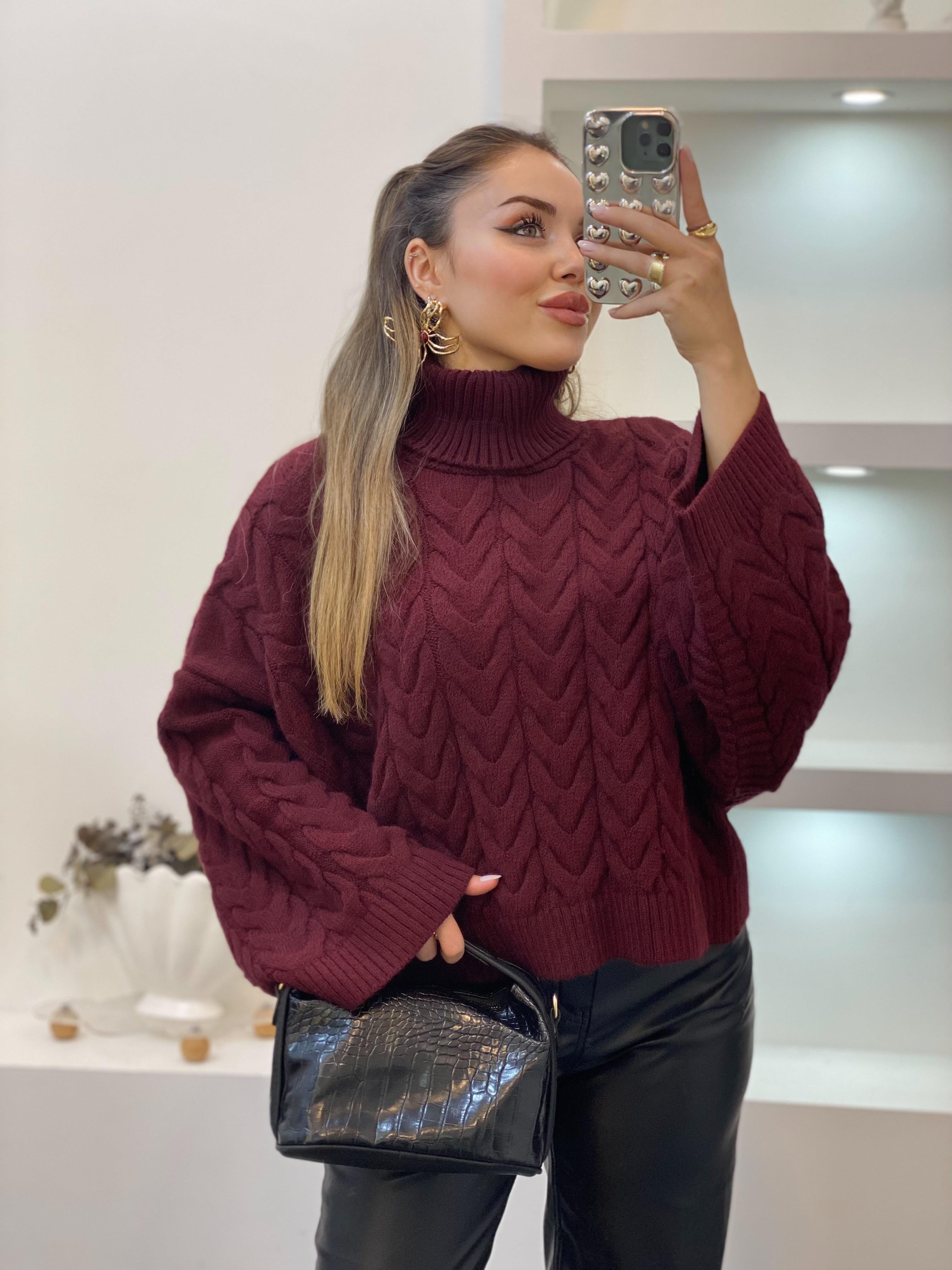 Bordo Saç Örgü Boğazlı Kazak