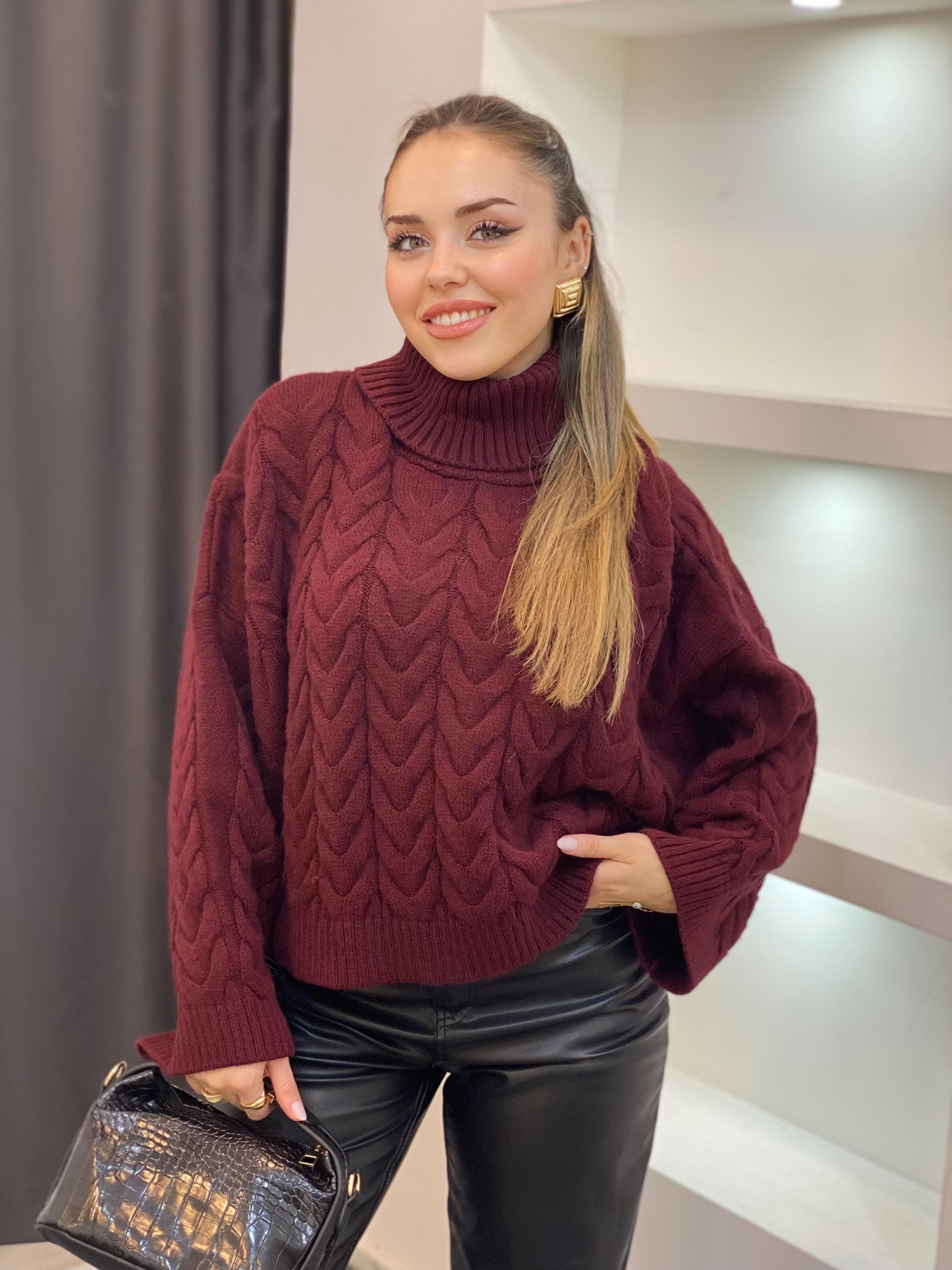 Bordo Saç Örgü Boğazlı Kazak