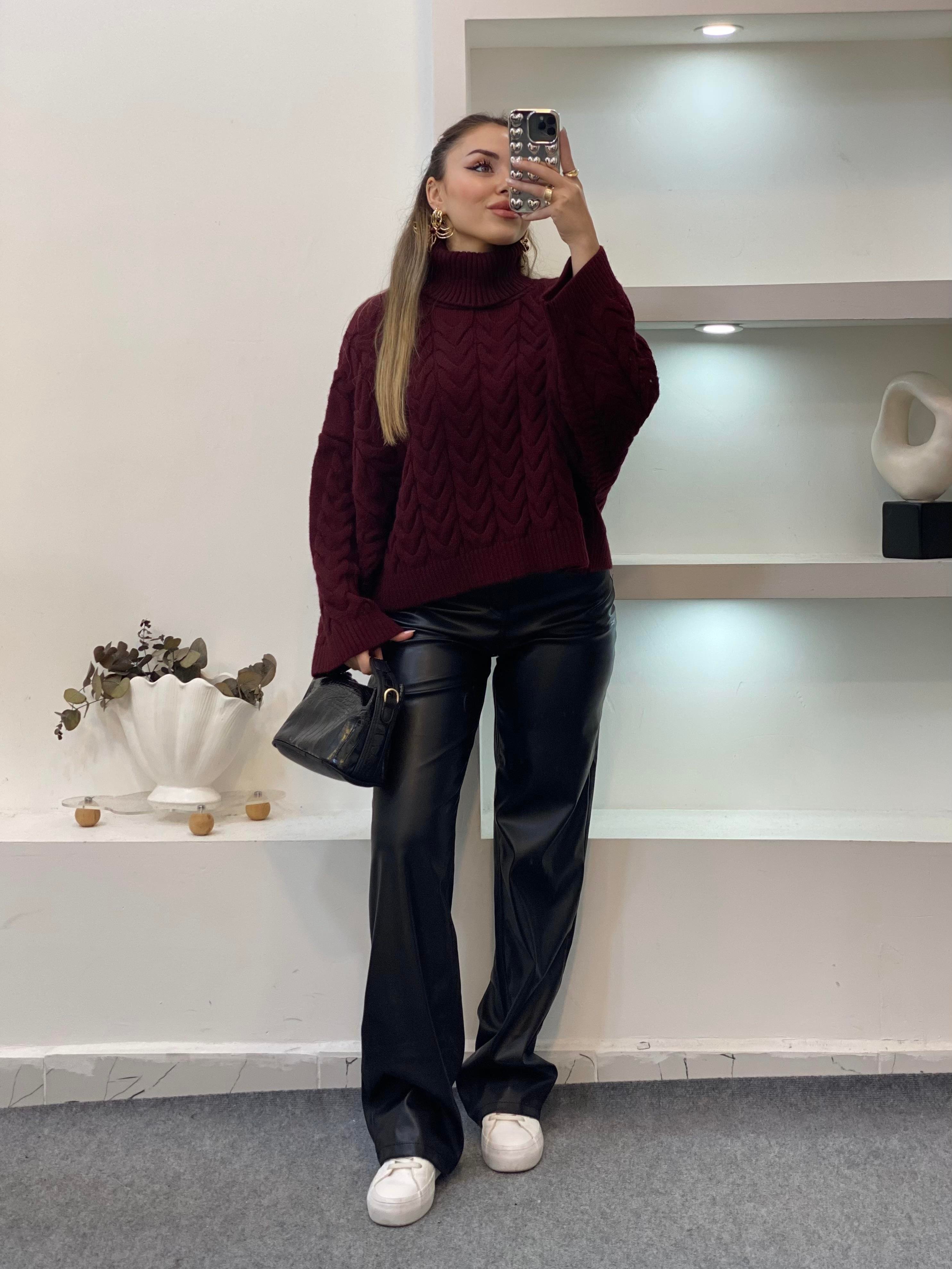 Bordo Saç Örgü Boğazlı Kazak