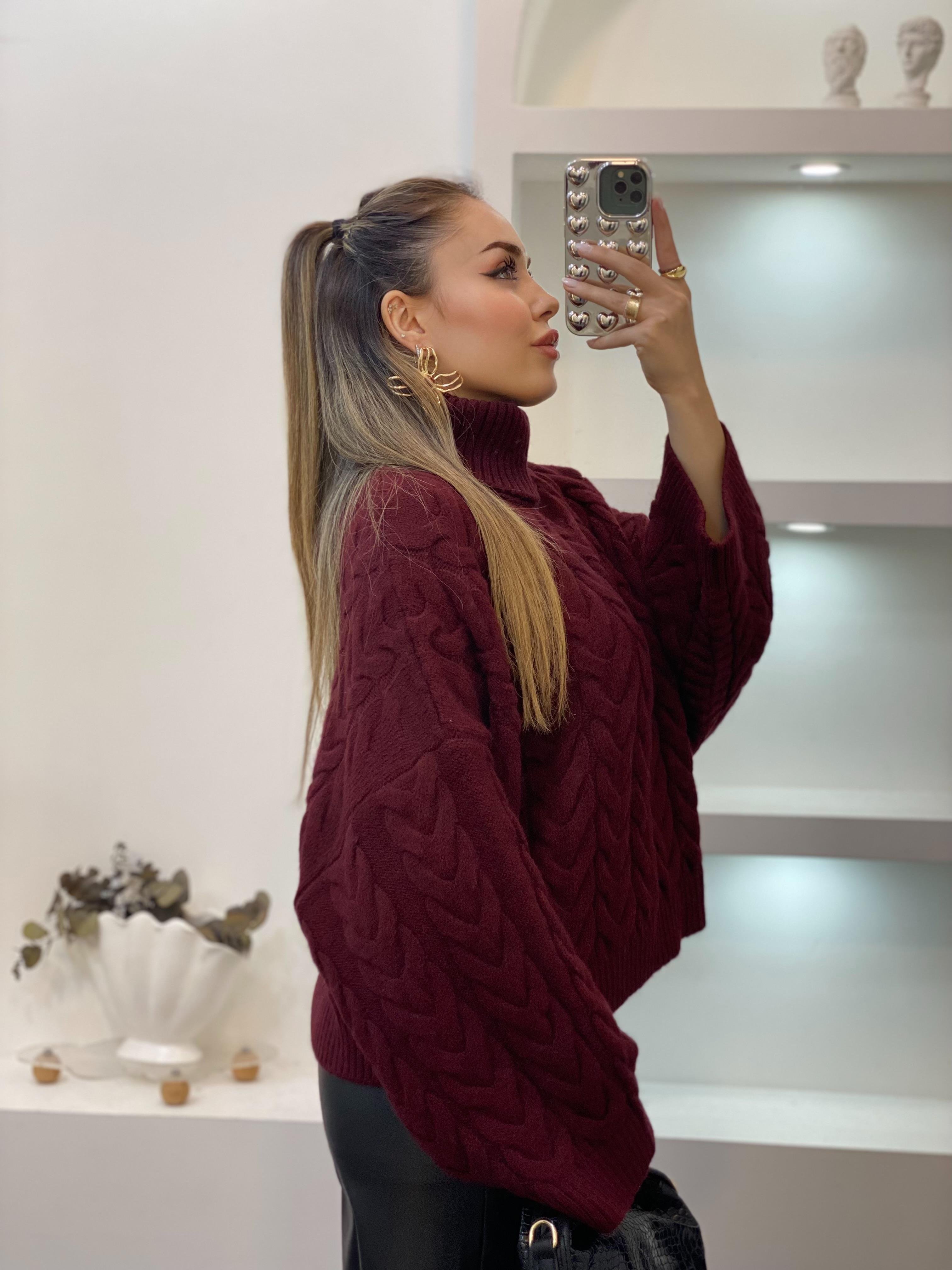 Bordo Saç Örgü Boğazlı Kazak