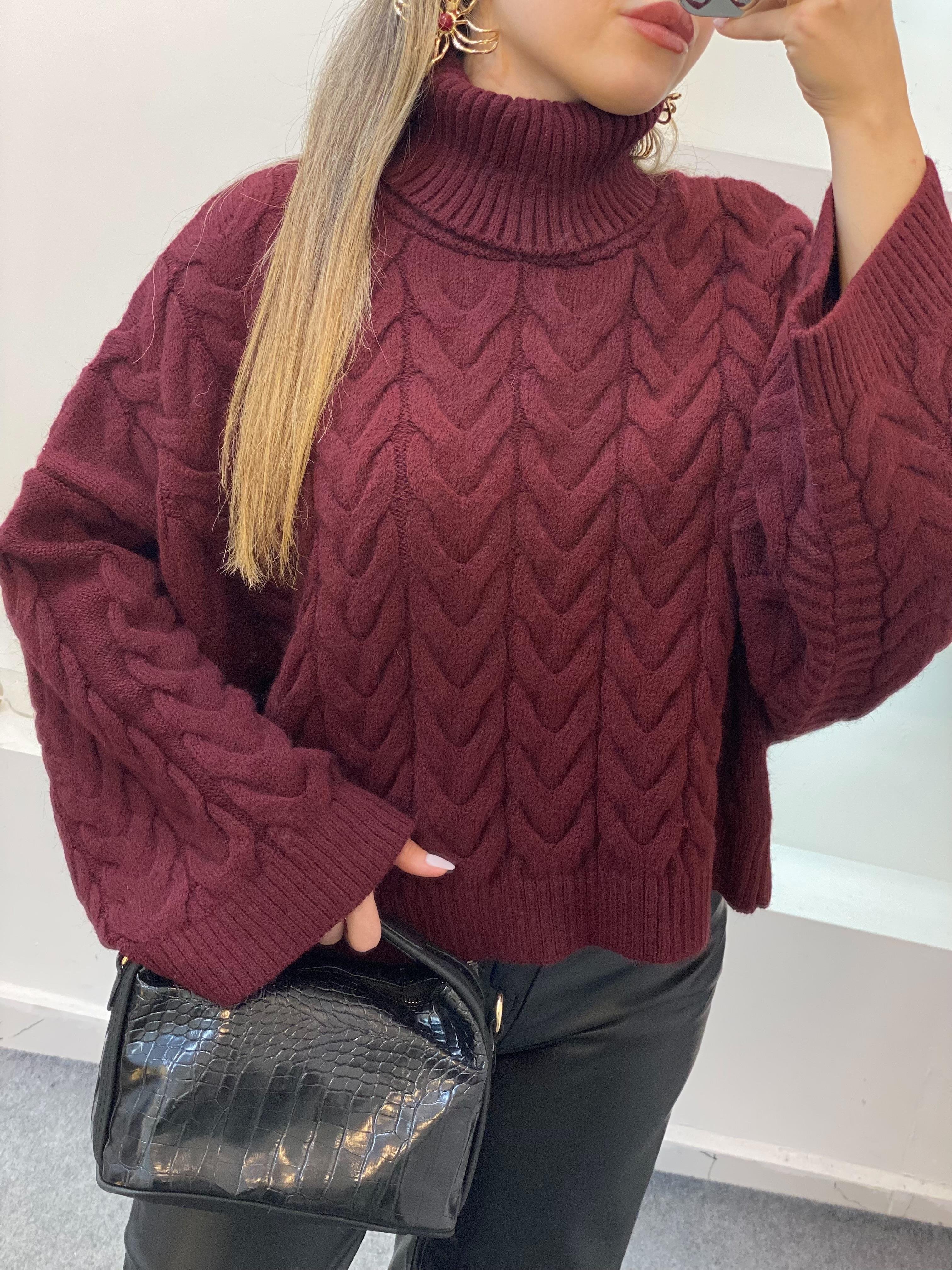 Bordo Saç Örgü Boğazlı Kazak