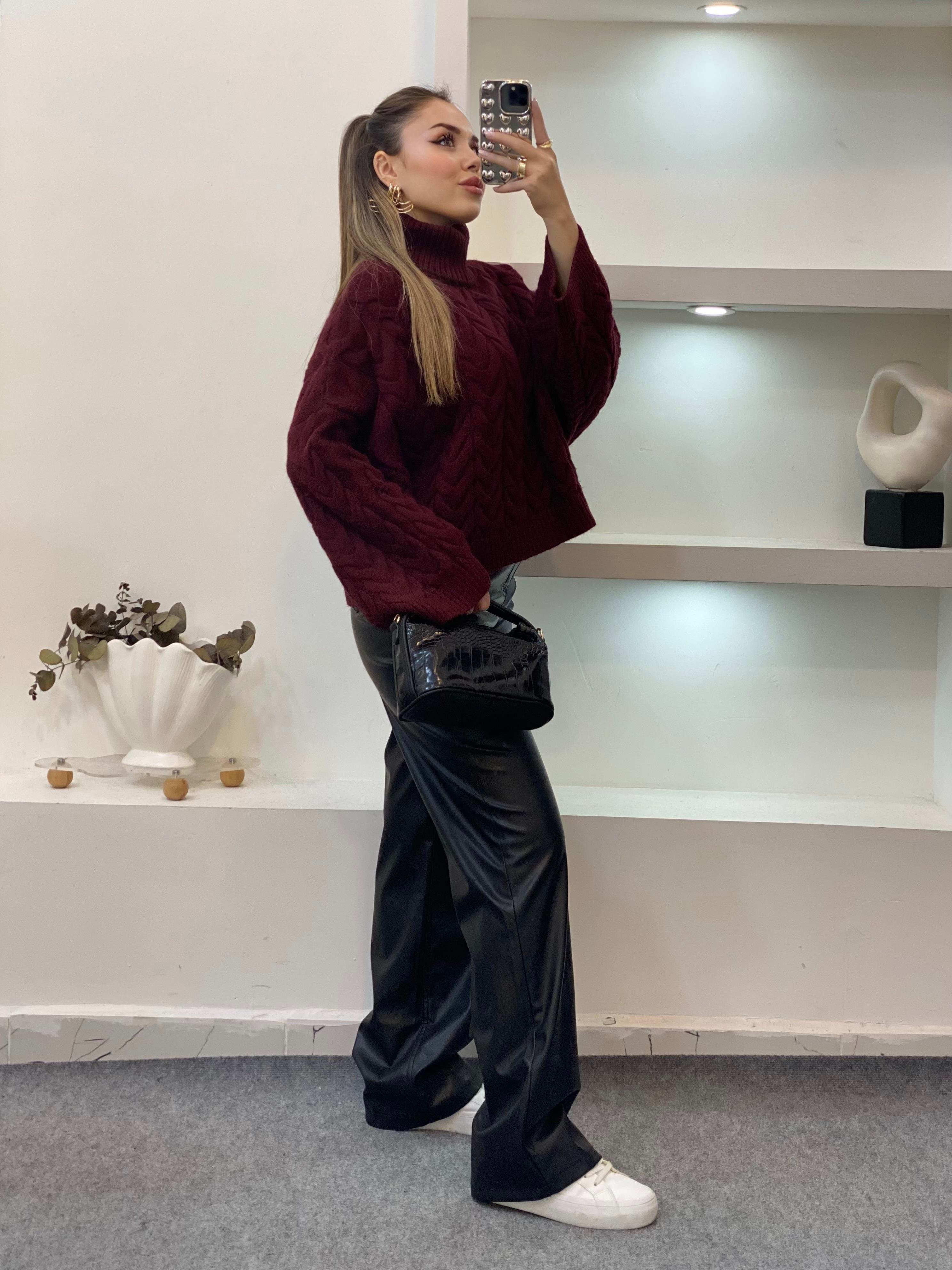 Bordo Saç Örgü Boğazlı Kazak