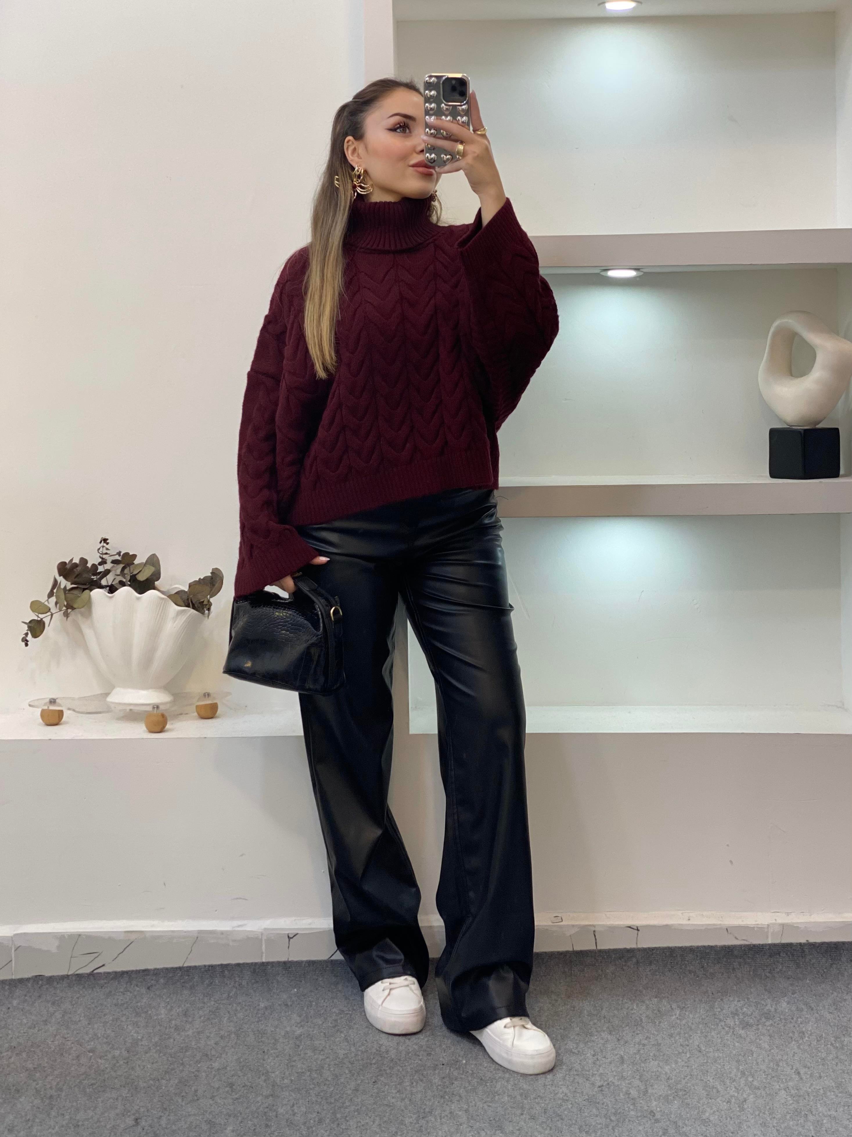 Bordo Saç Örgü Boğazlı Kazak