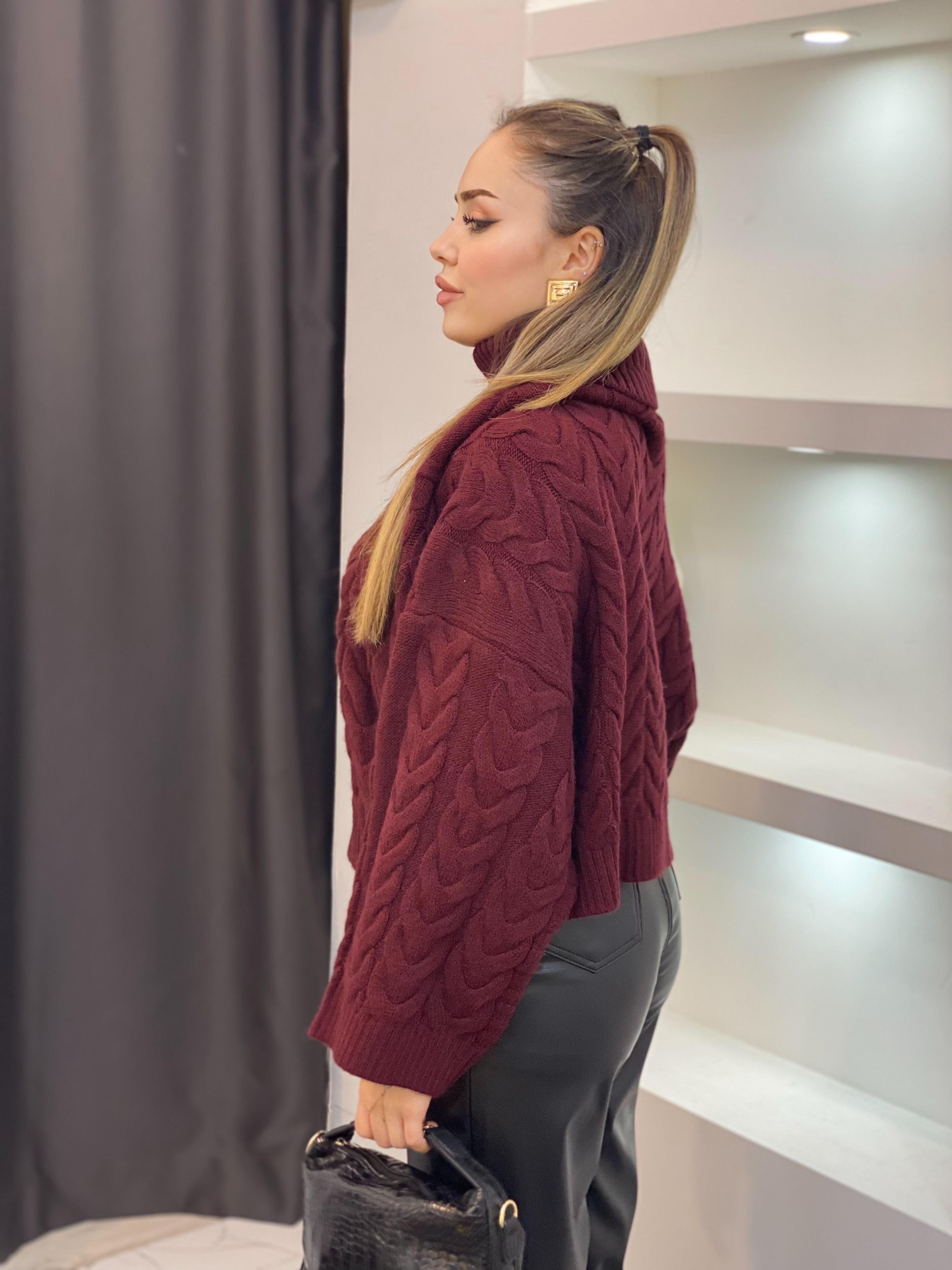 Bordo Saç Örgü Boğazlı Kazak