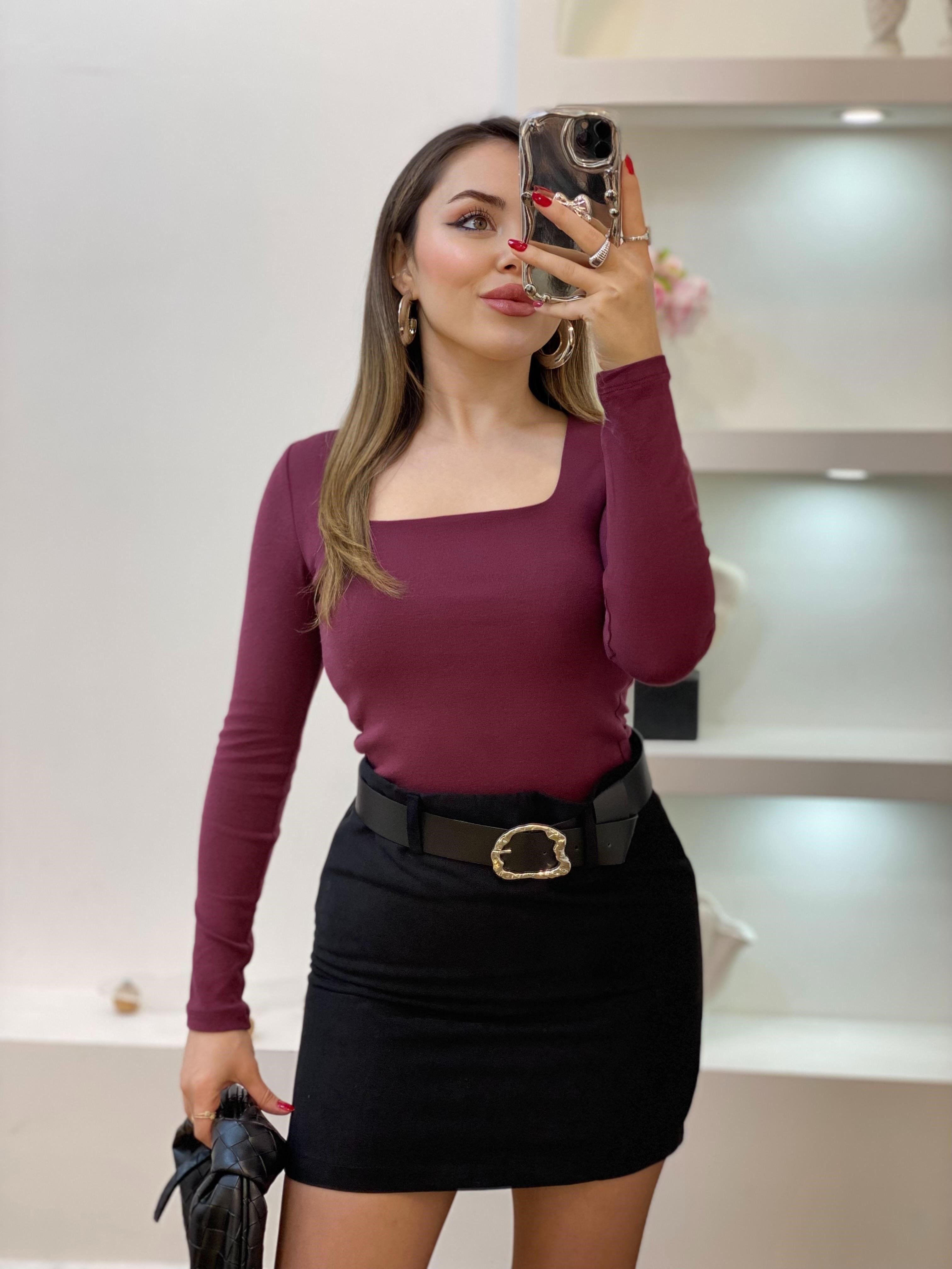 Bordo Sandık Yaka Basic Bluz