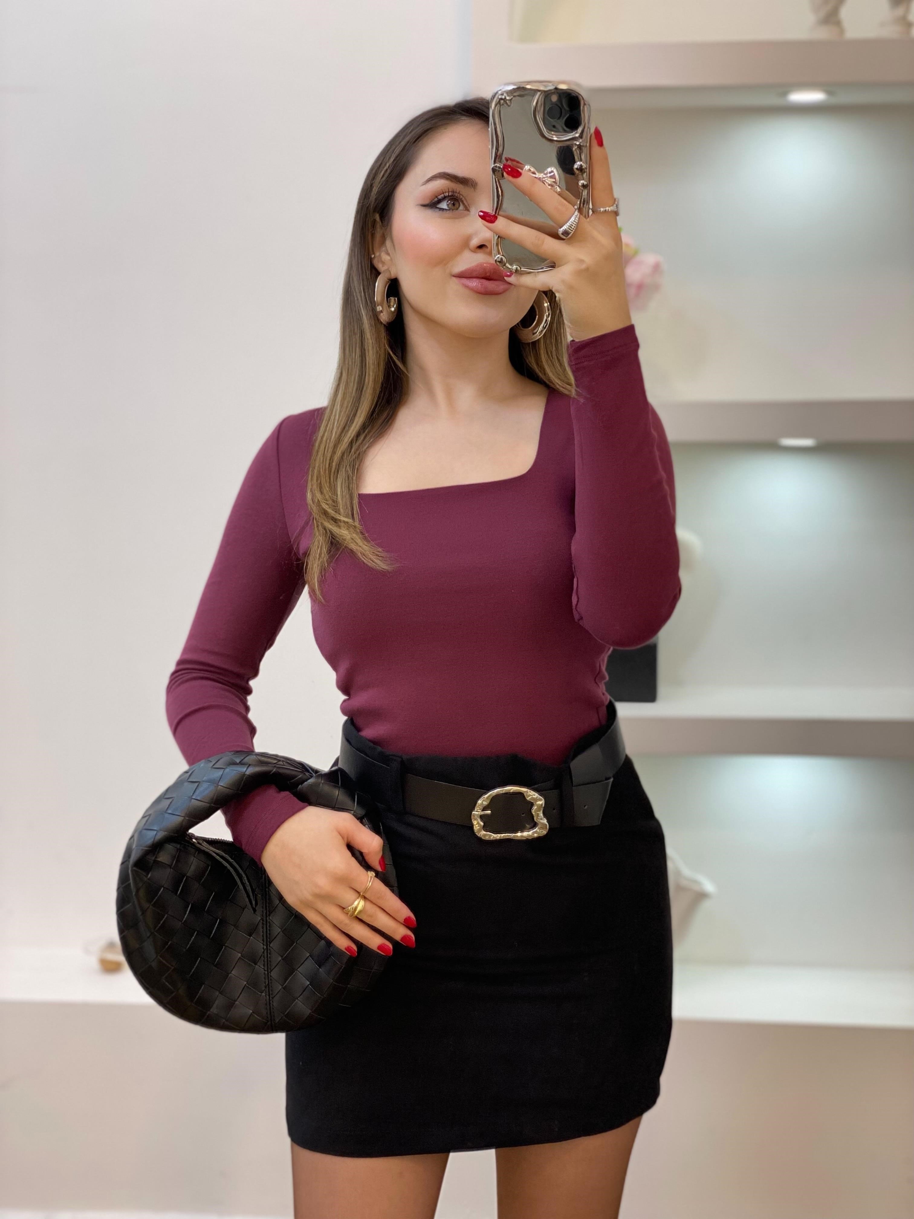 Bordo Sandık Yaka Basic Bluz