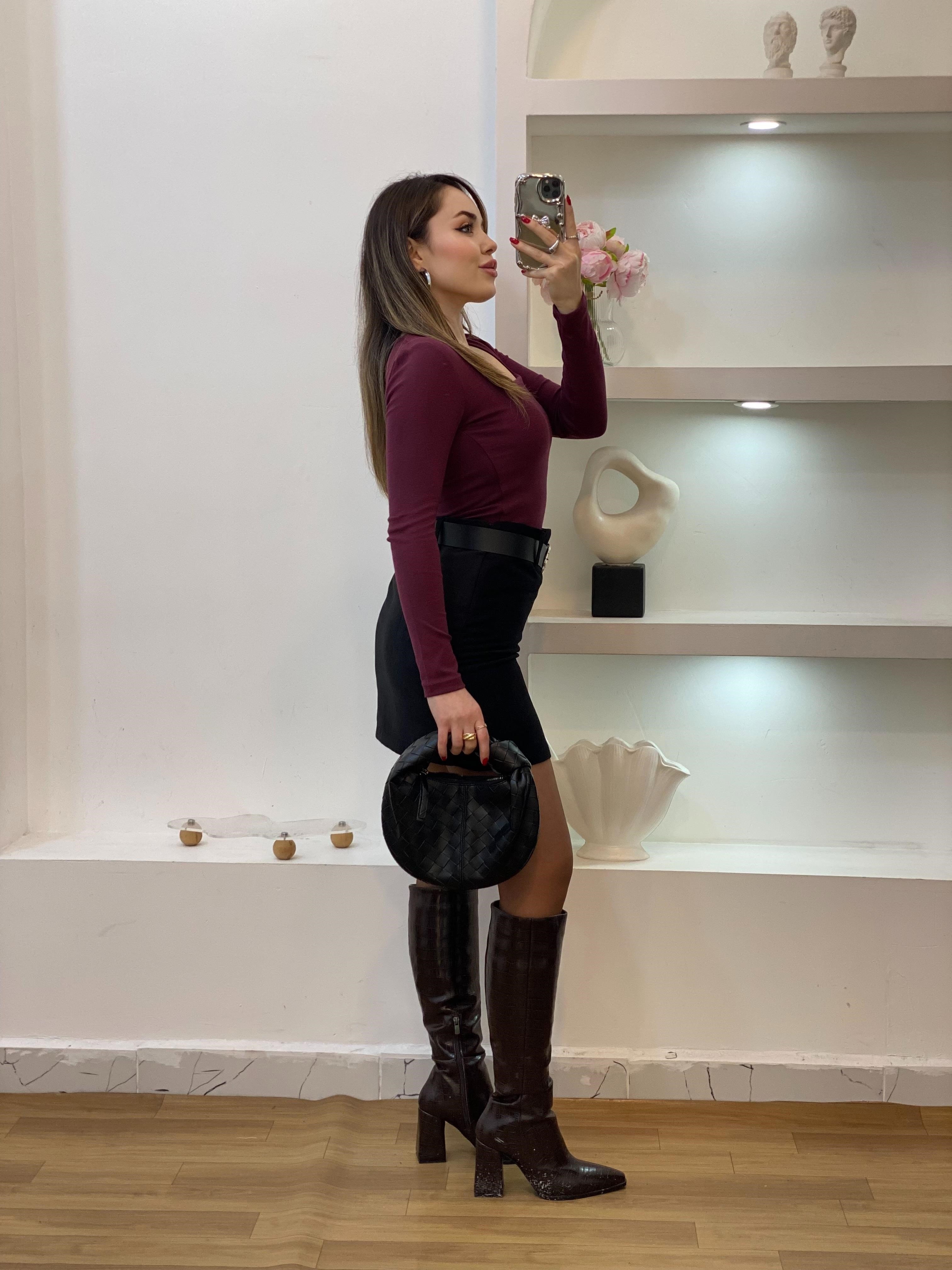 Bordo Sandık Yaka Basic Bluz