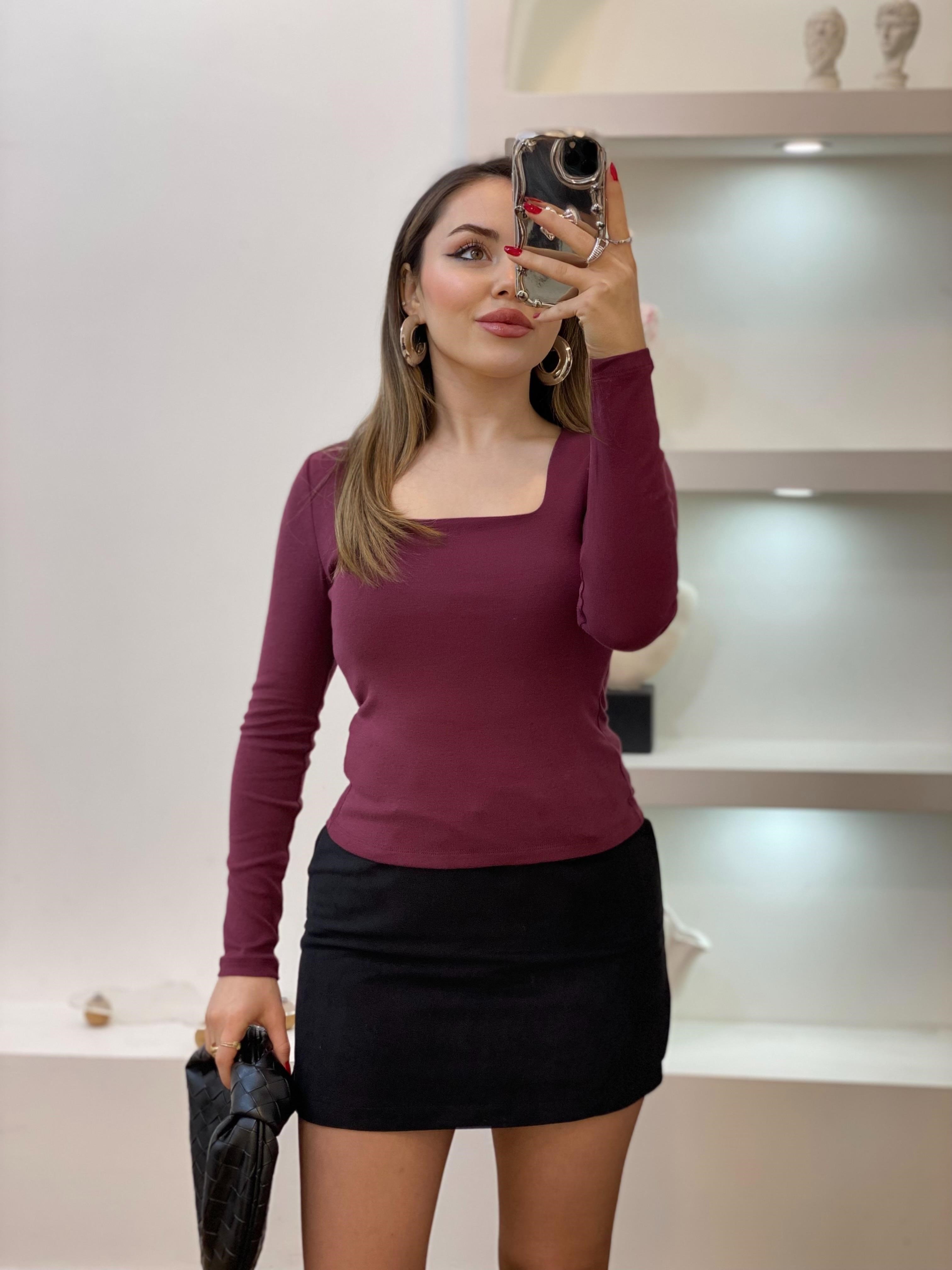 Bordo Sandık Yaka Basic Bluz