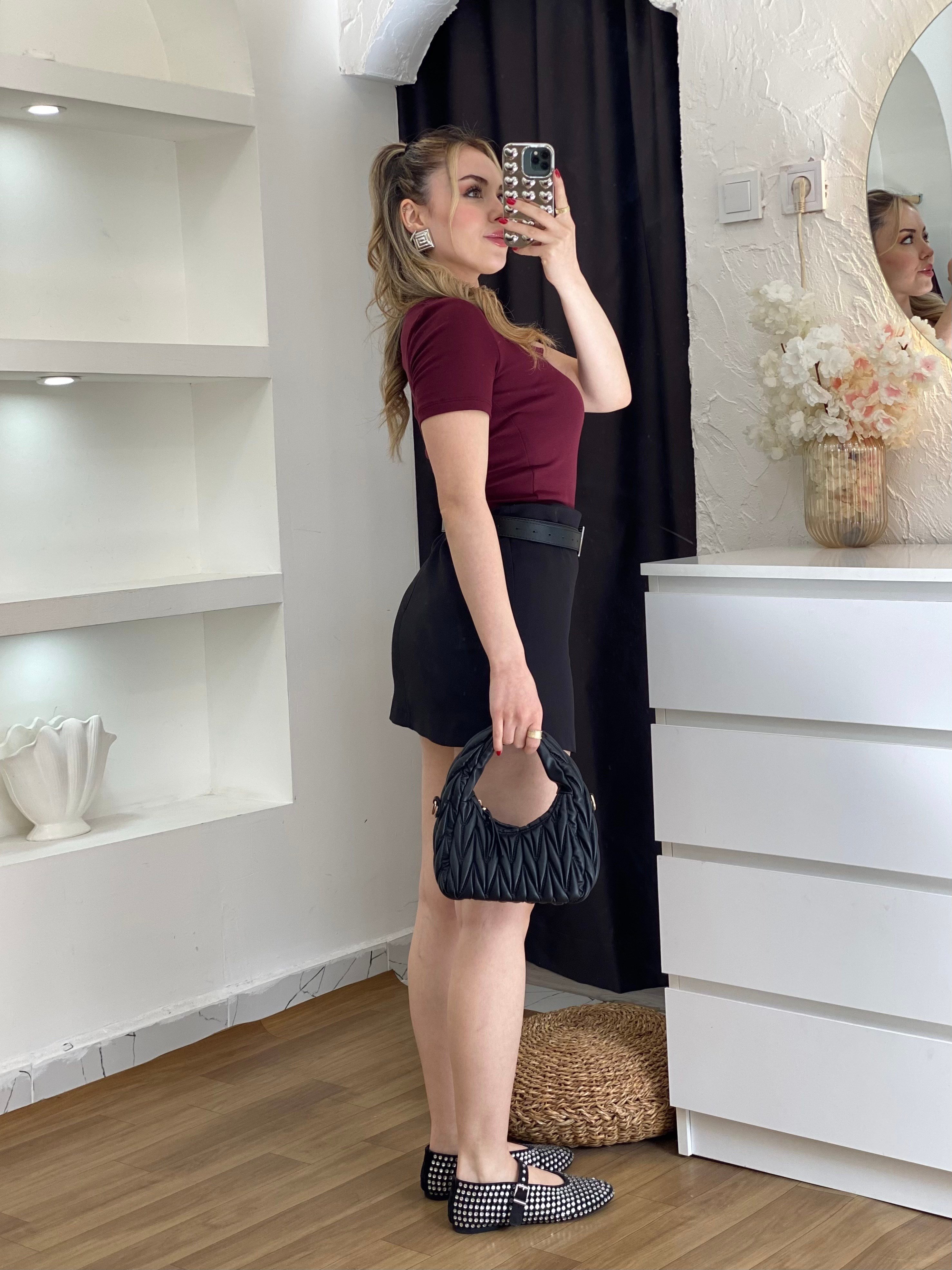 Bordo Sandık Yaka Kısa Kol Basic Bluz