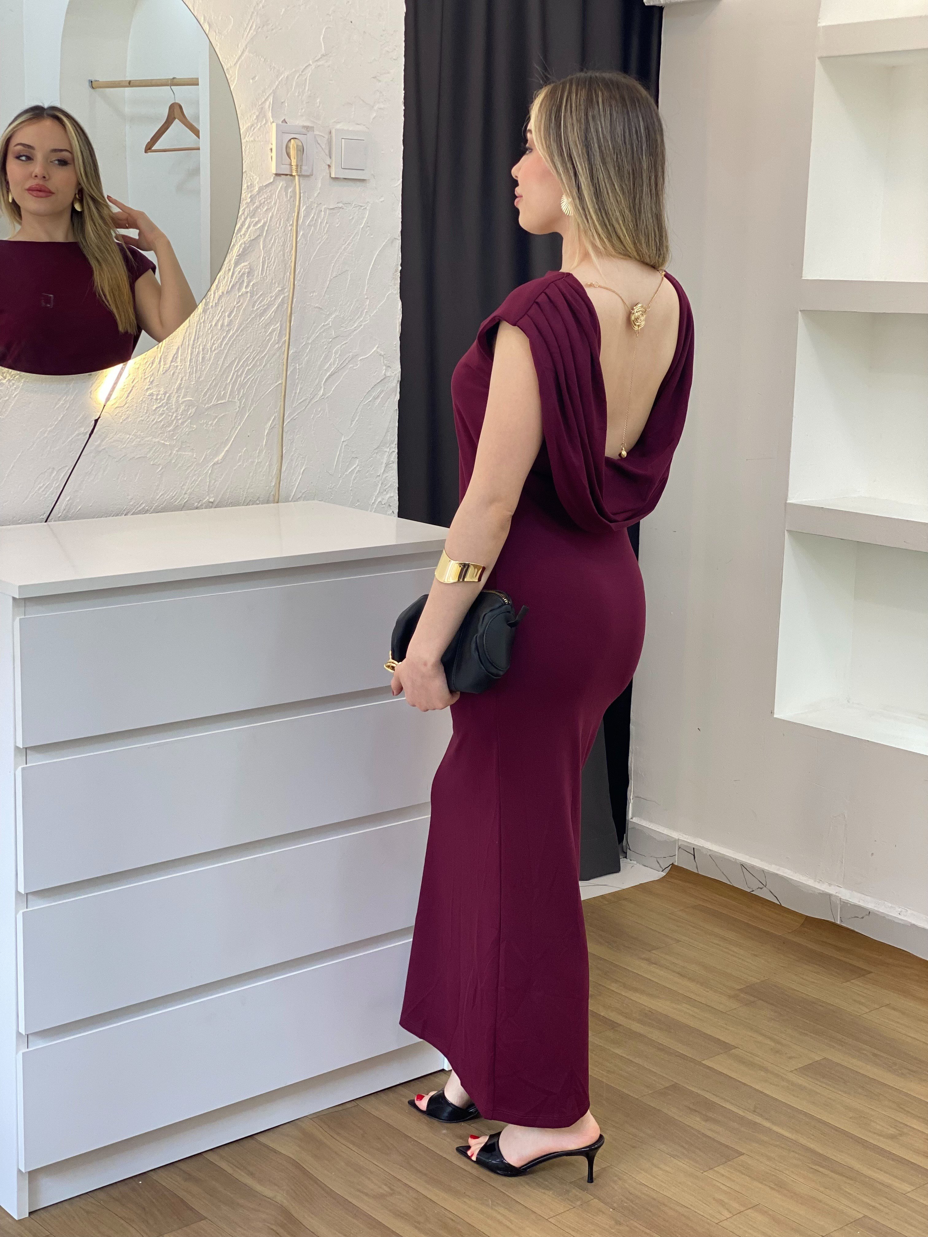 Bordo Sırt Dekolteli Modal Kumaş Likralı Elbise
