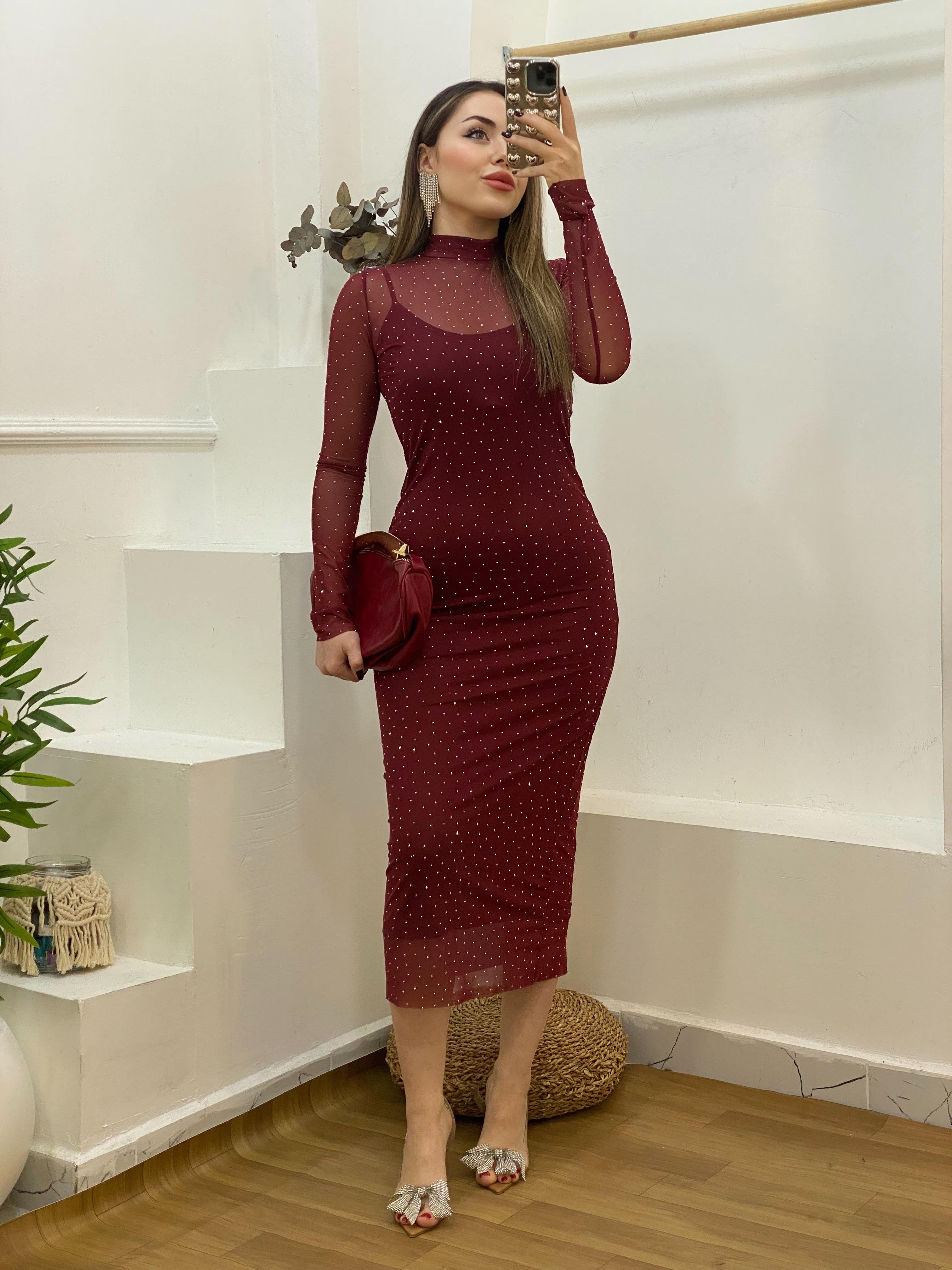 Bordo Taşlı Model Tül Elbise