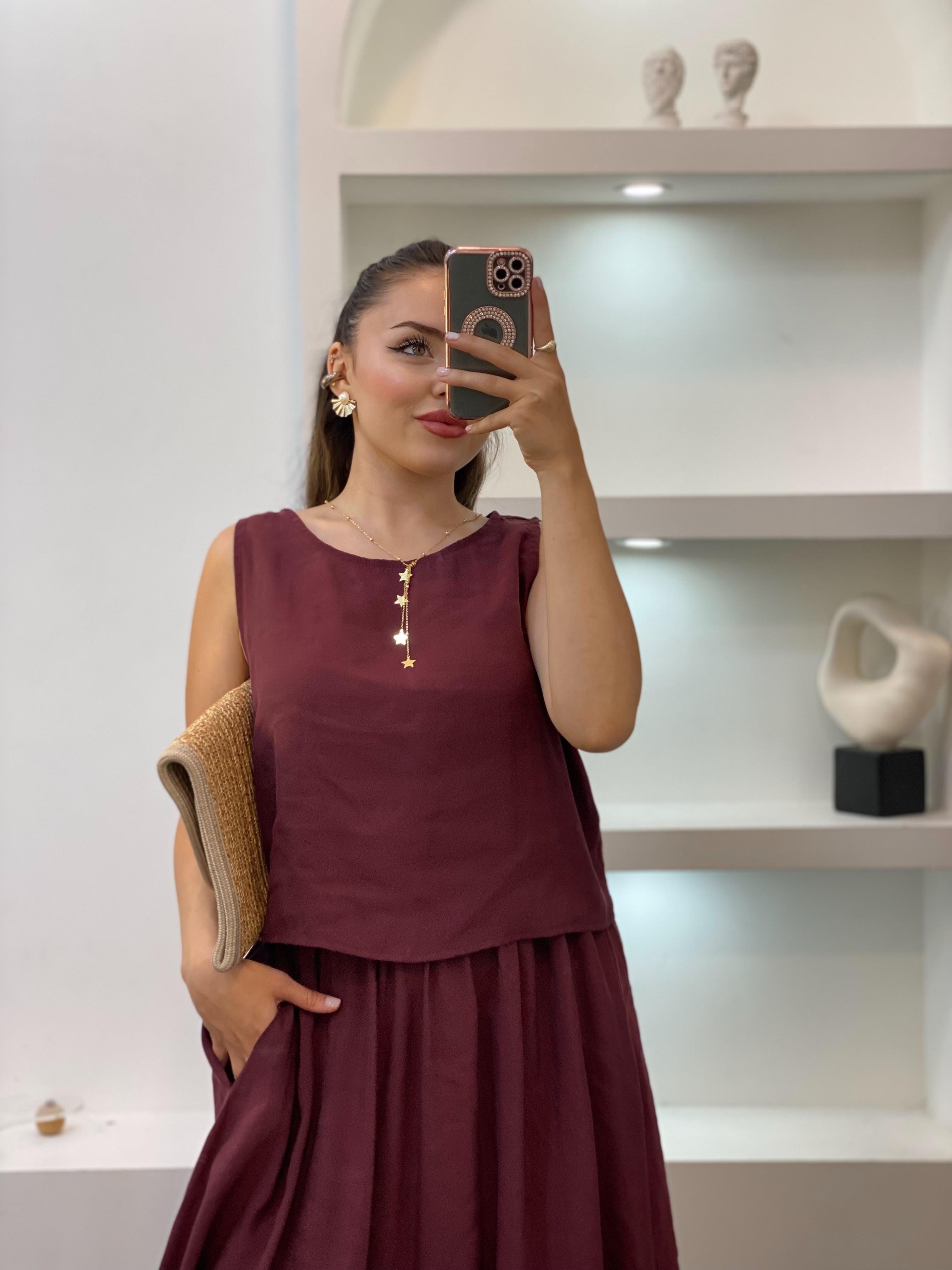 Bordo Tensel Bluz Etek Takım