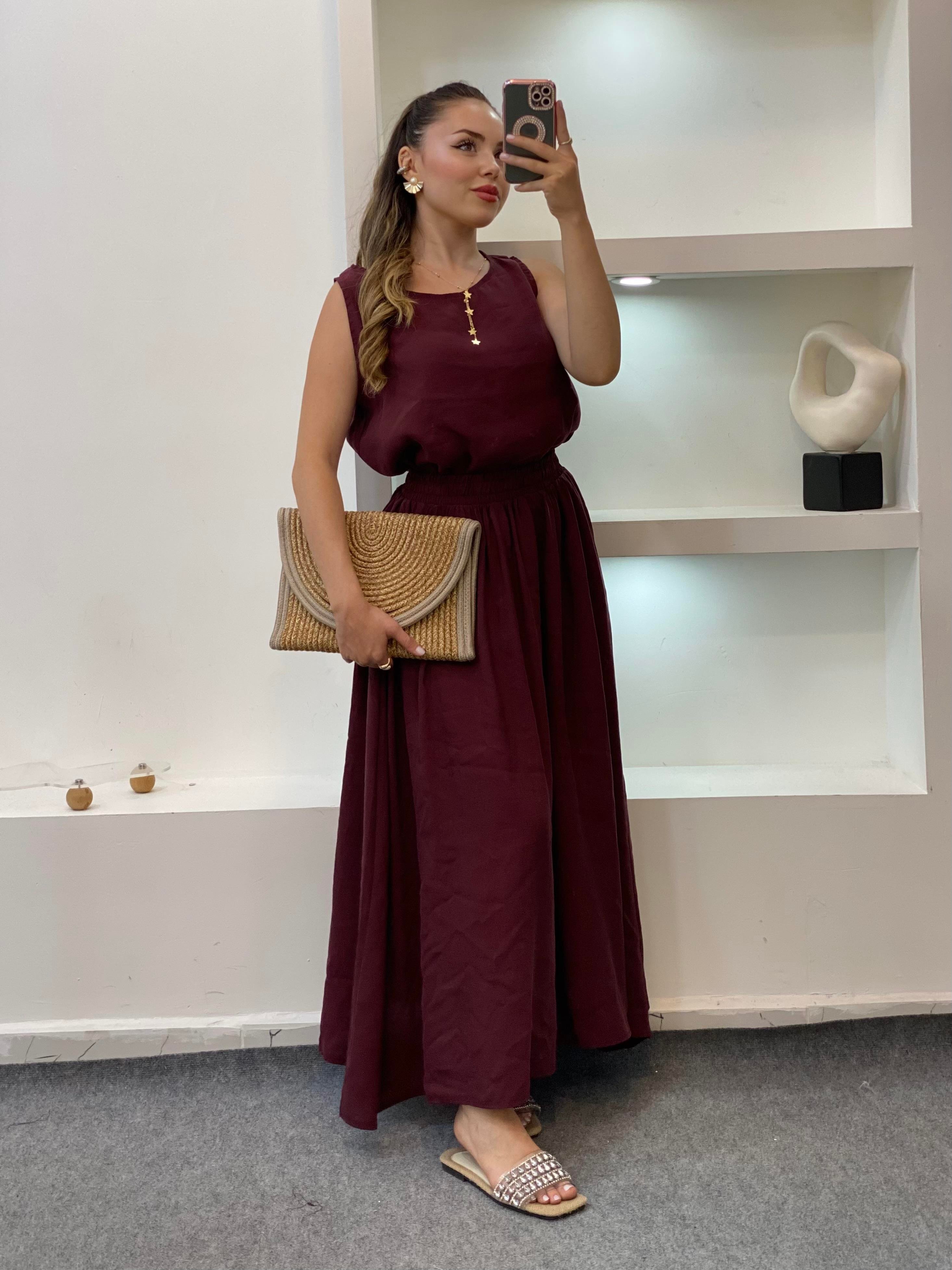 Bordo Tensel Bluz Etek Takım