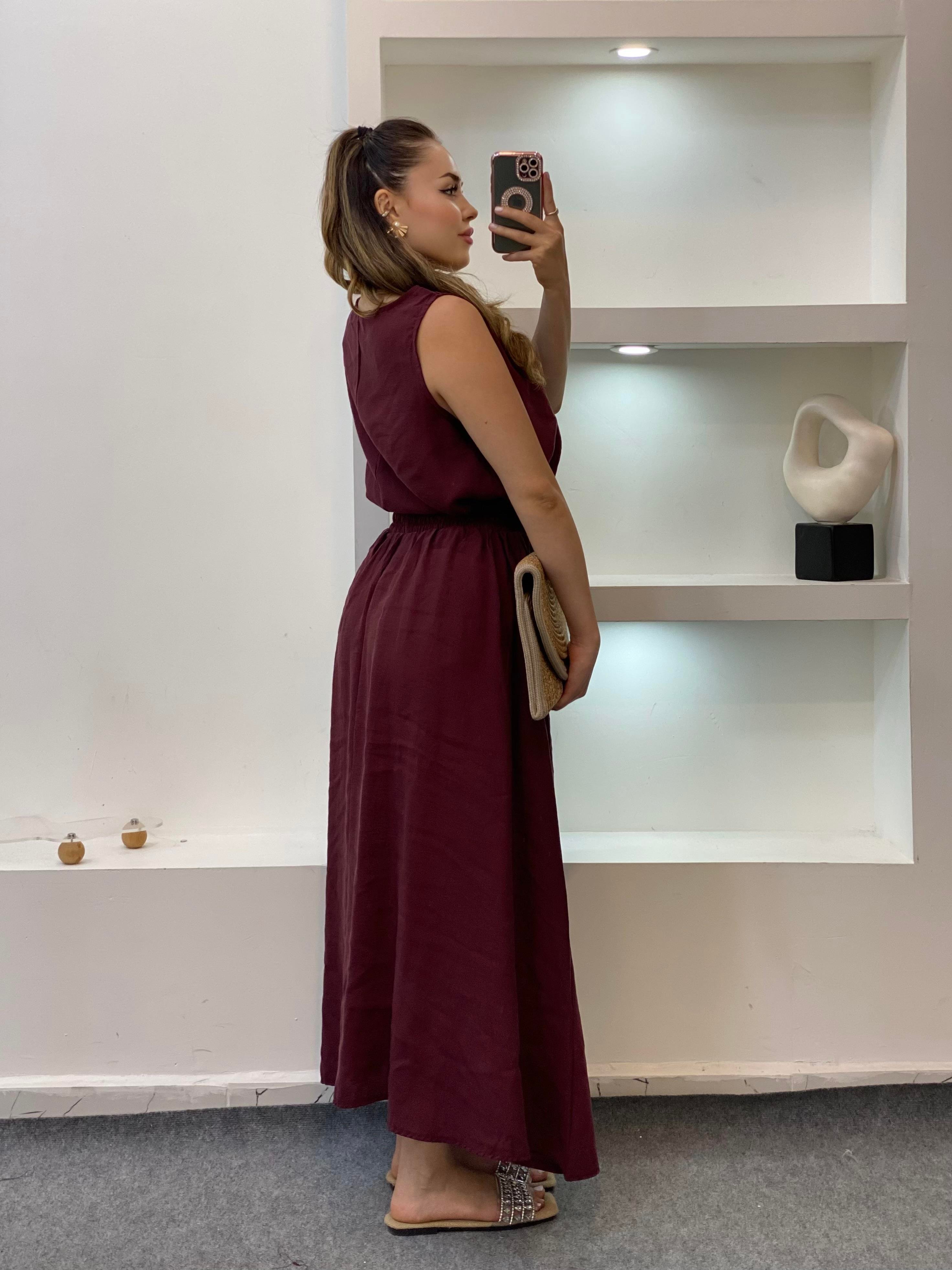 Bordo Tensel Bluz Etek Takım
