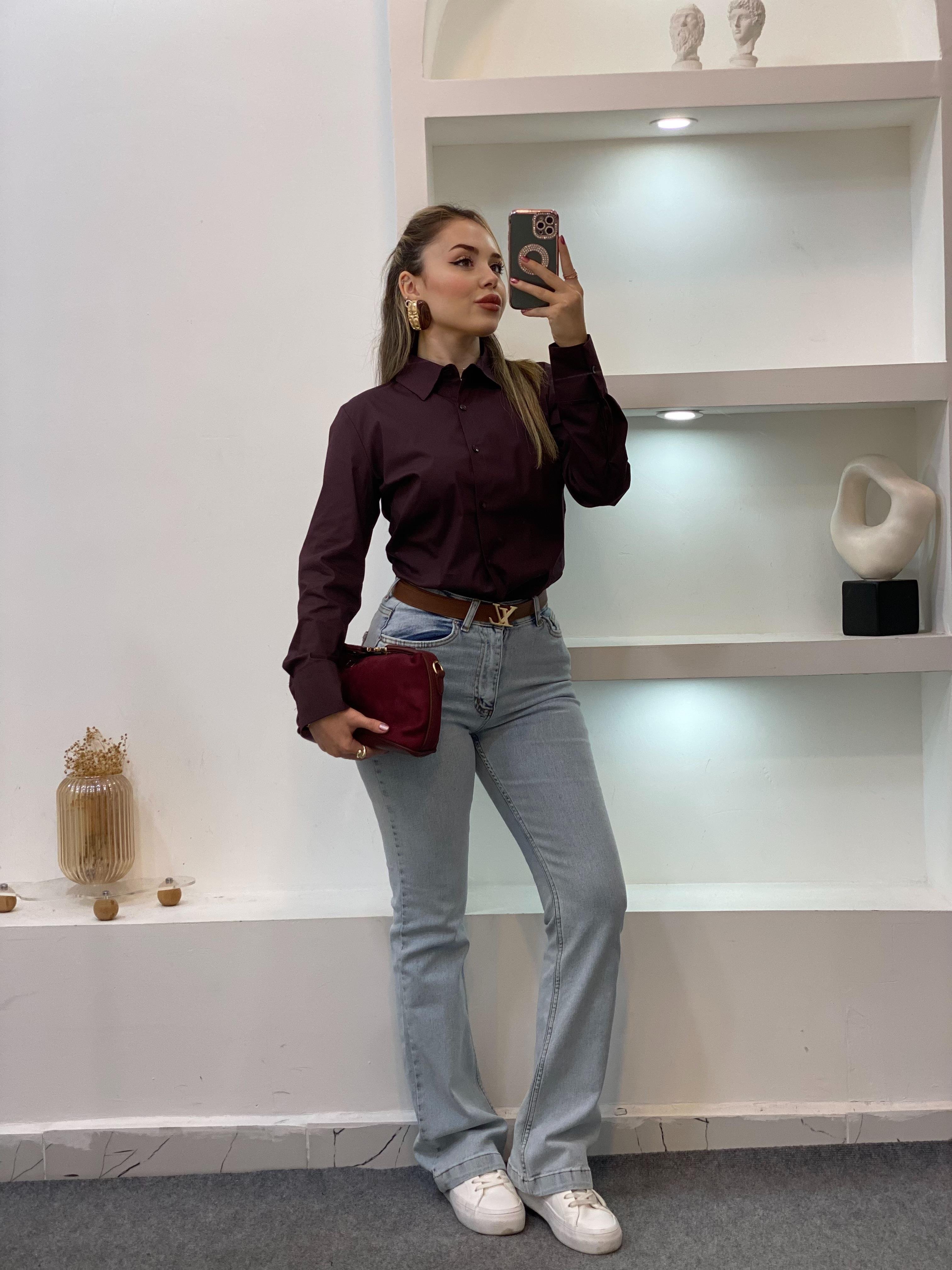 Bordo Uzun Kol Fit Gömlek 