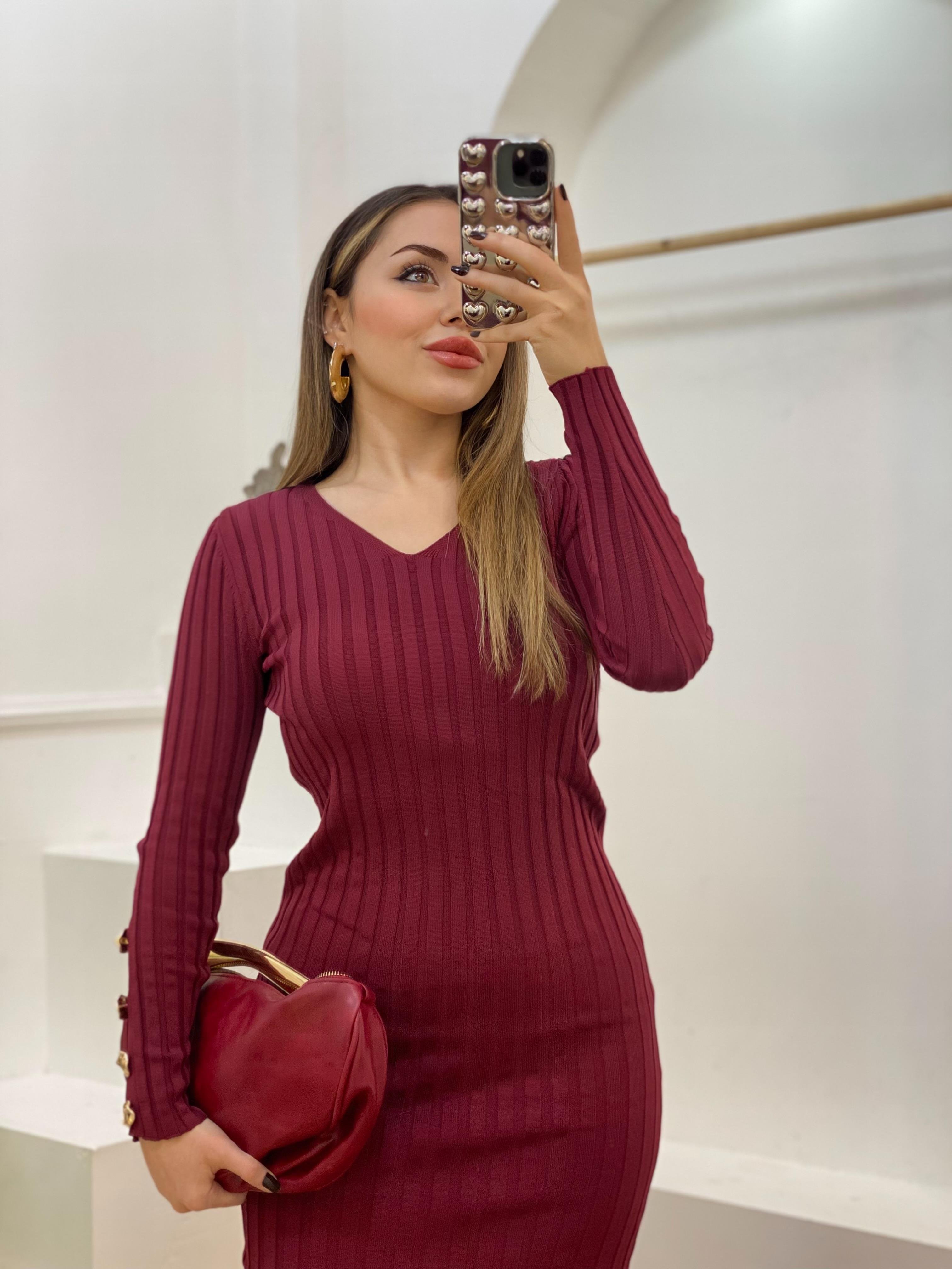Bordo V Yaka Bilek Gold Düğmeli Triko Elbise