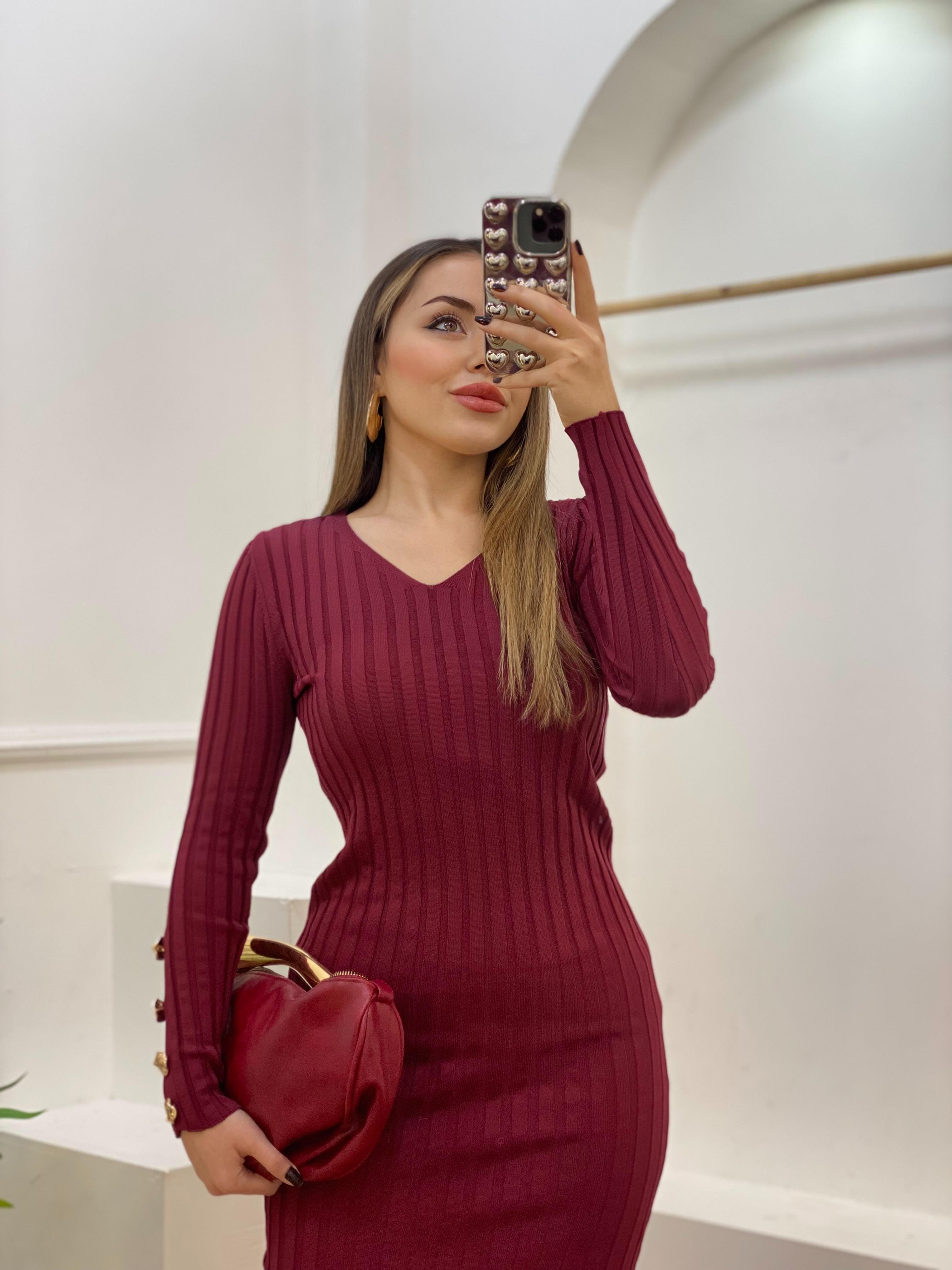 Bordo V Yaka Bilek Gold Düğmeli Triko Elbise