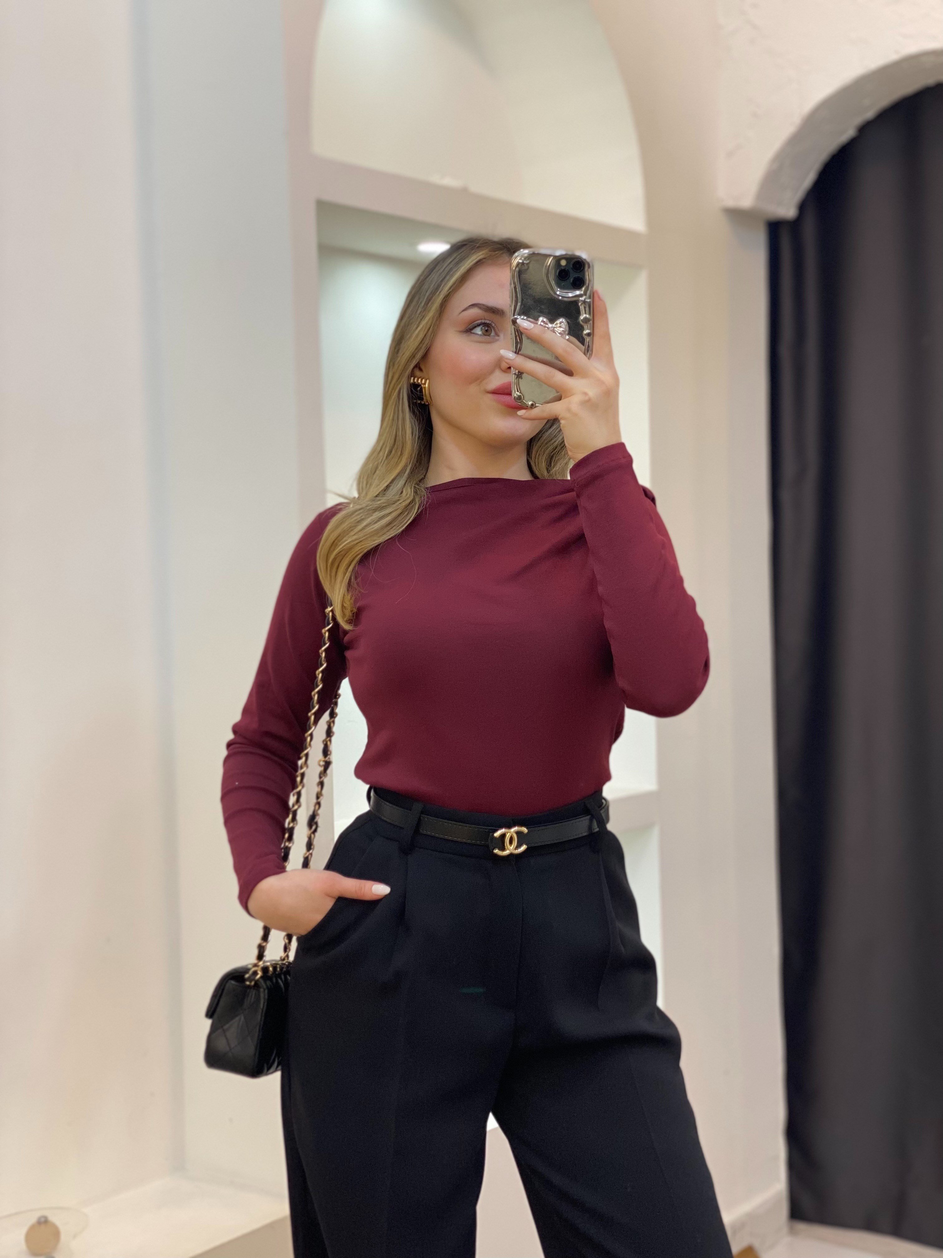 Bordo Yaka Düğümlü Body