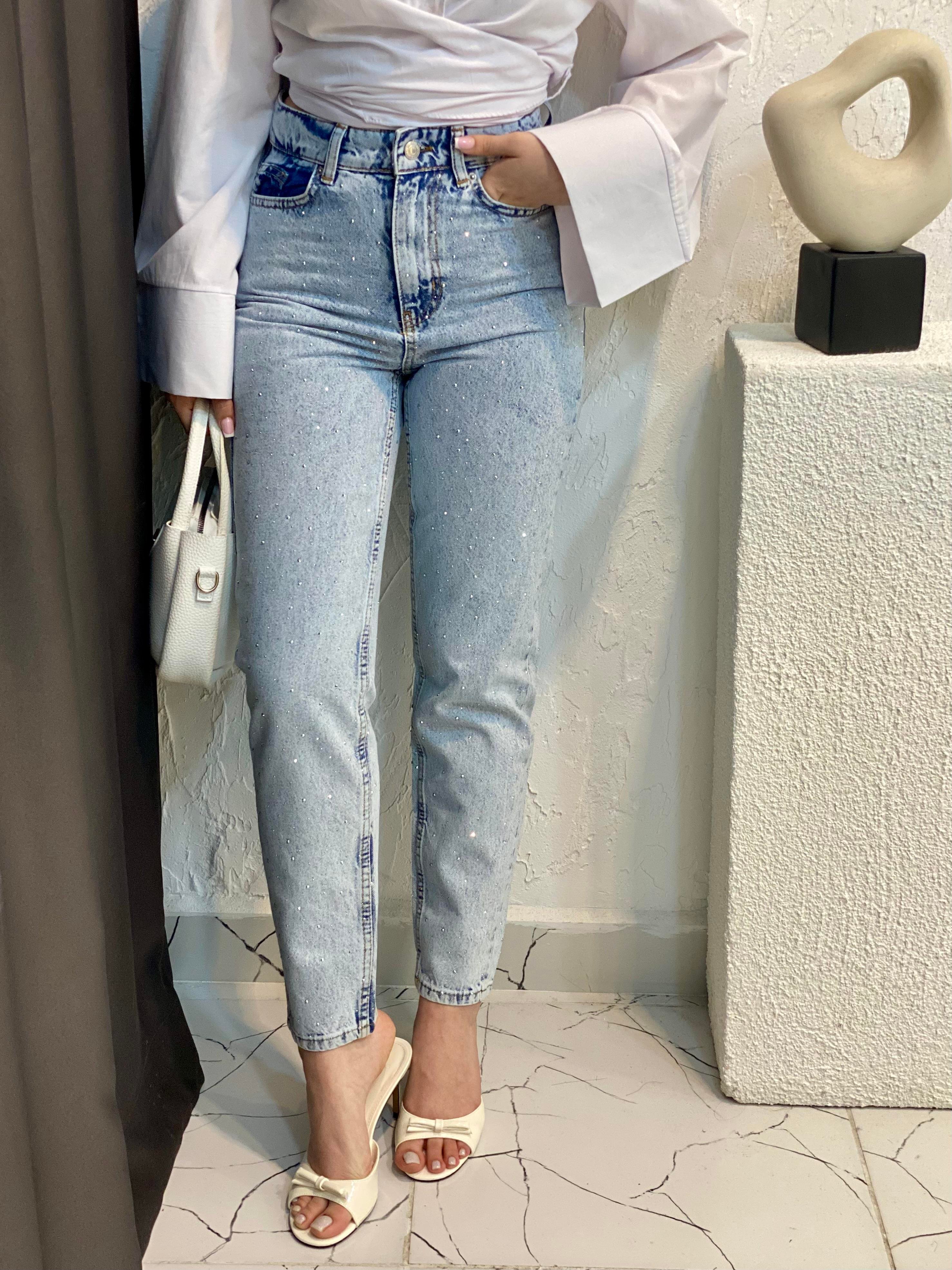 Buz Mavi Full Taşlı Boyfit Jean 