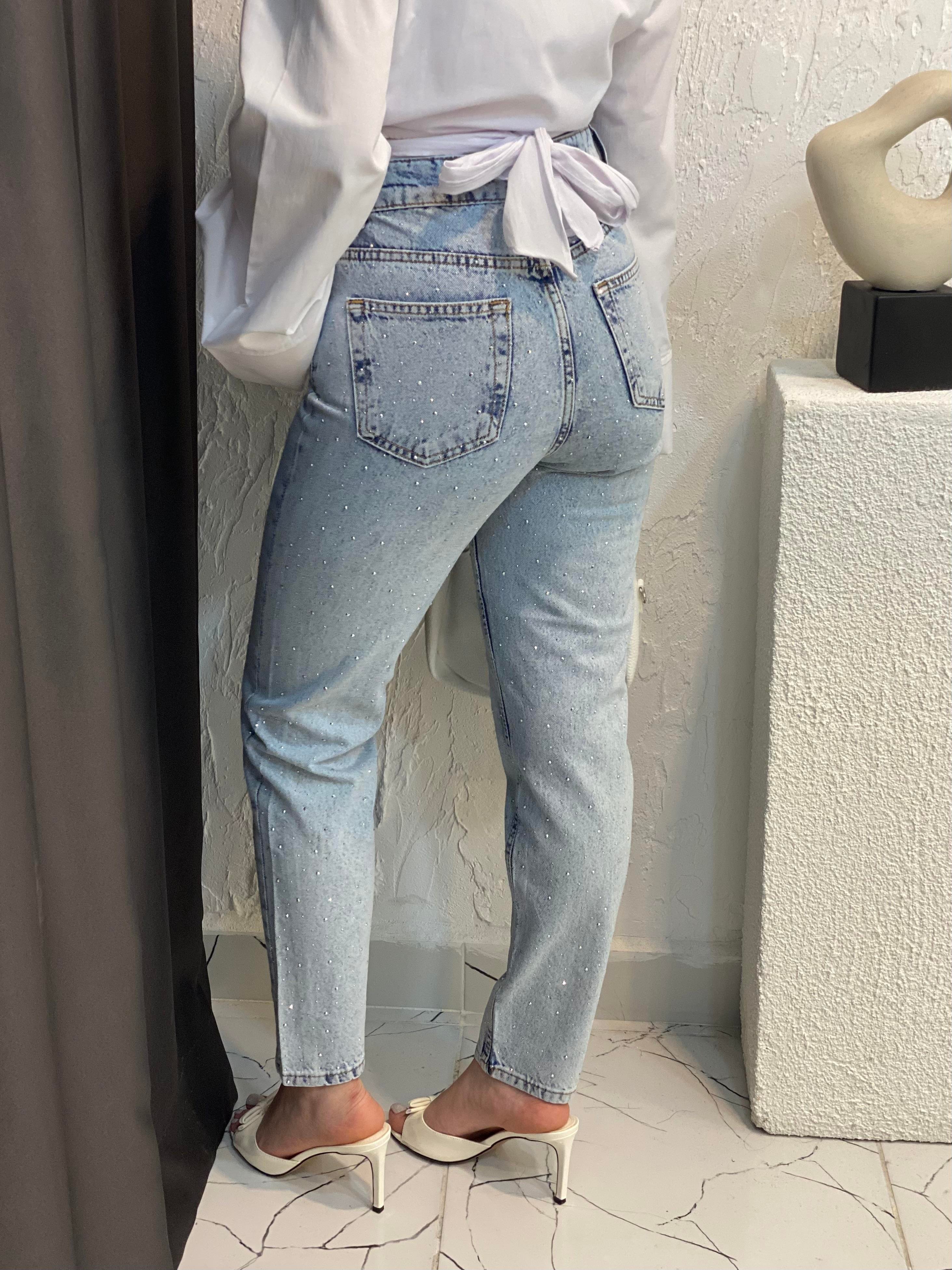 Buz Mavi Full Taşlı Boyfit Jean 