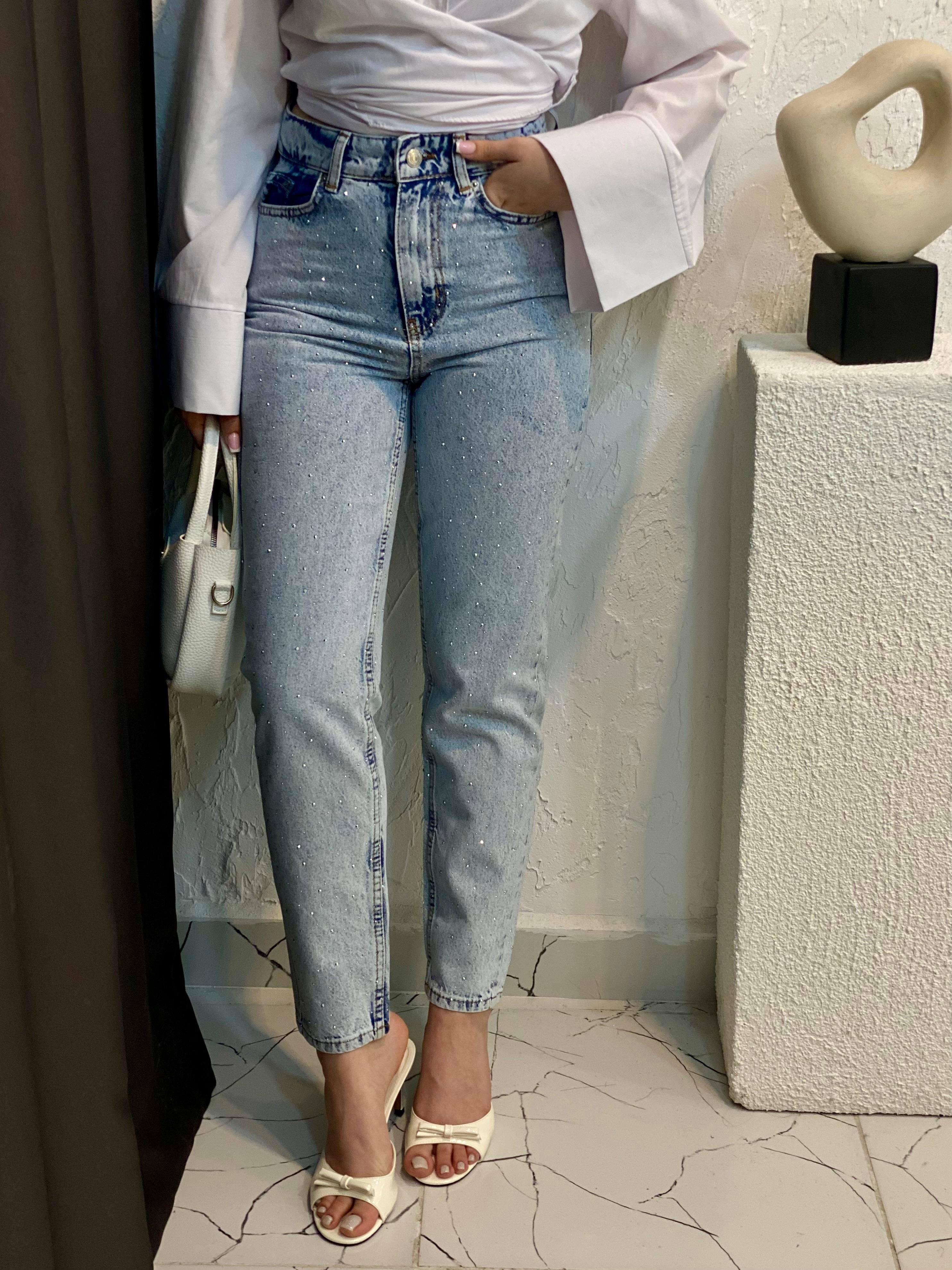 Buz Mavi Full Taşlı Boyfit Jean 
