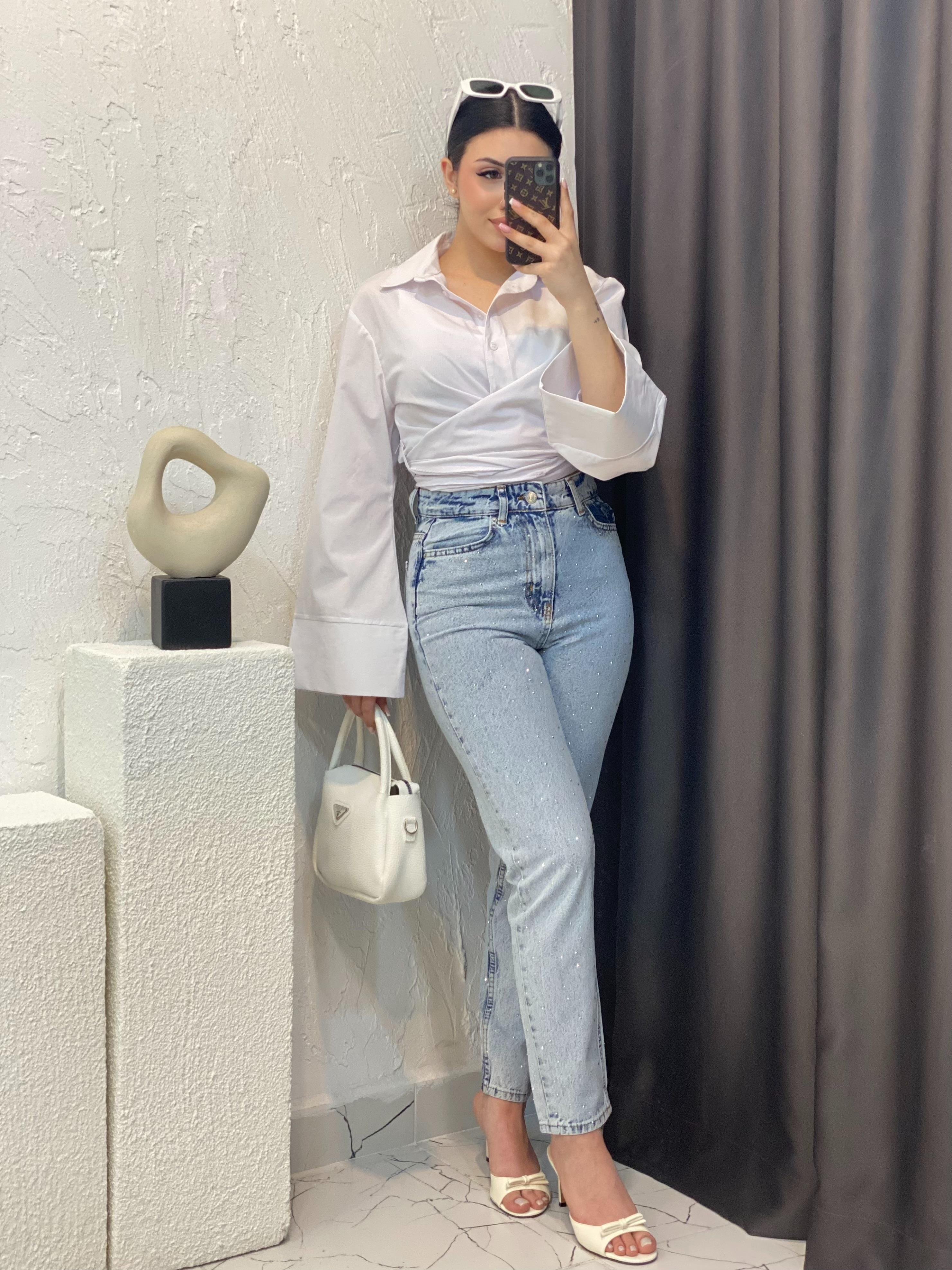 Buz Mavi Full Taşlı Boyfit Jean 