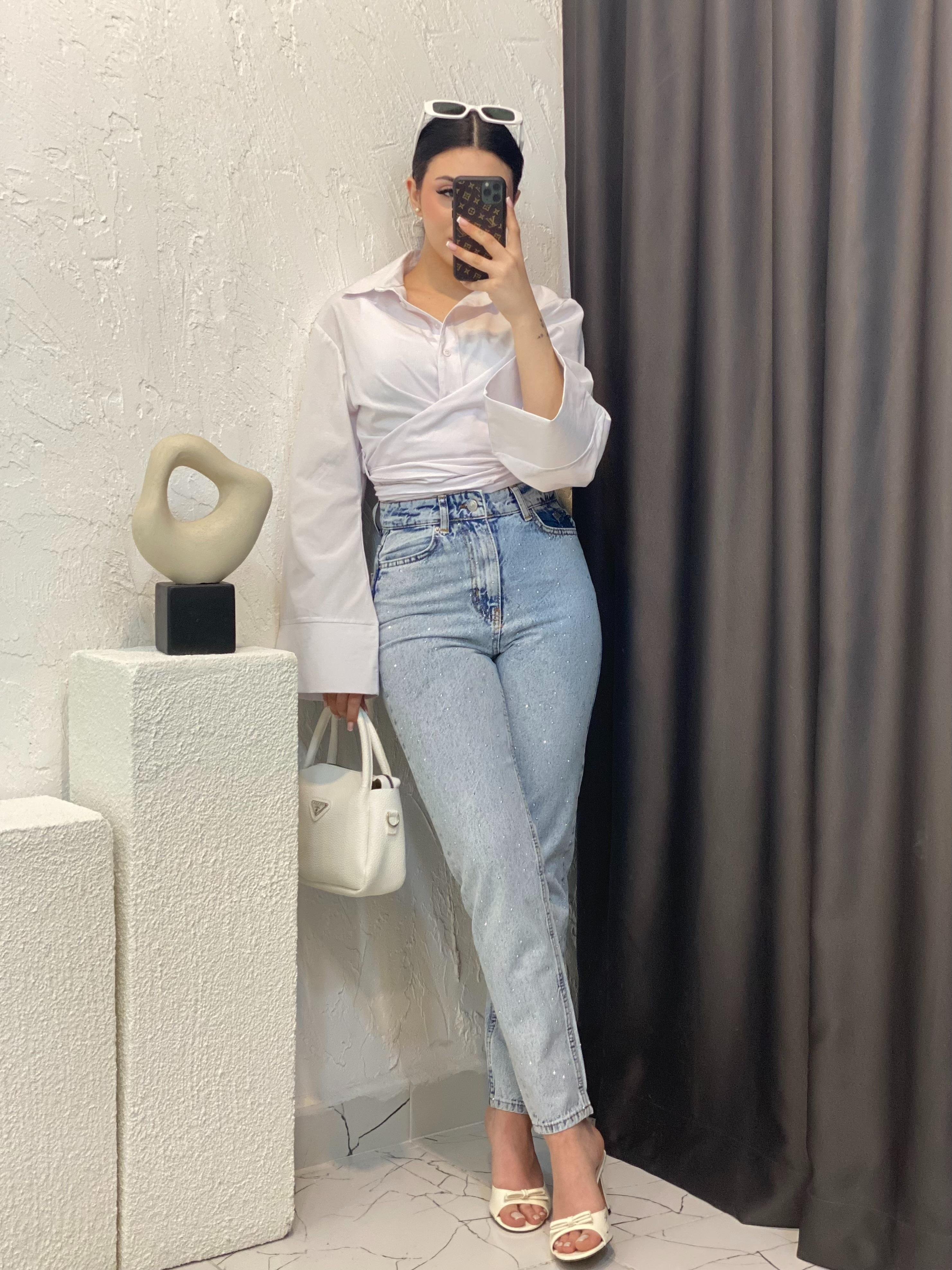 Buz Mavi Full Taşlı Boyfit Jean 