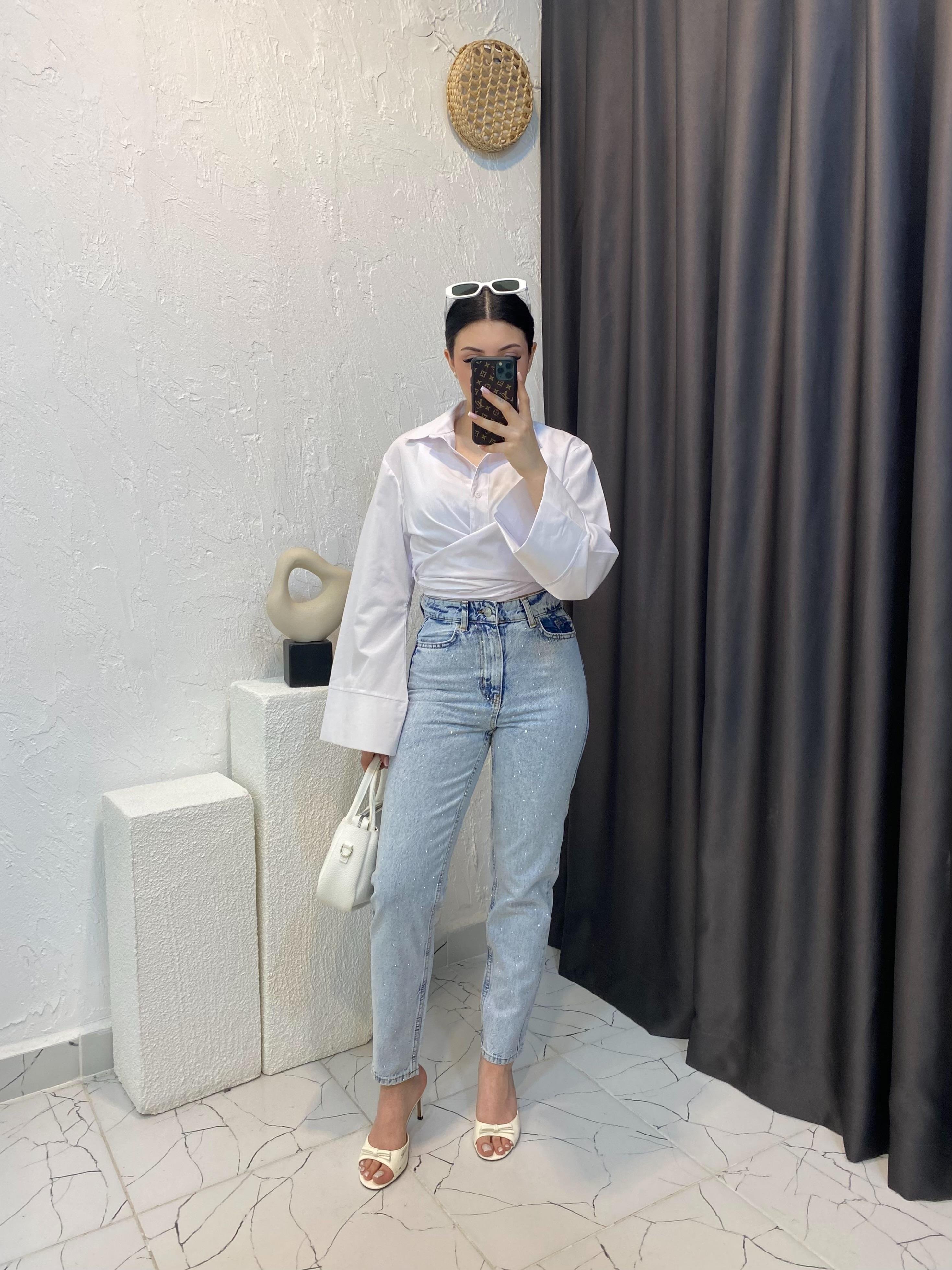 Buz Mavi Full Taşlı Boyfit Jean 