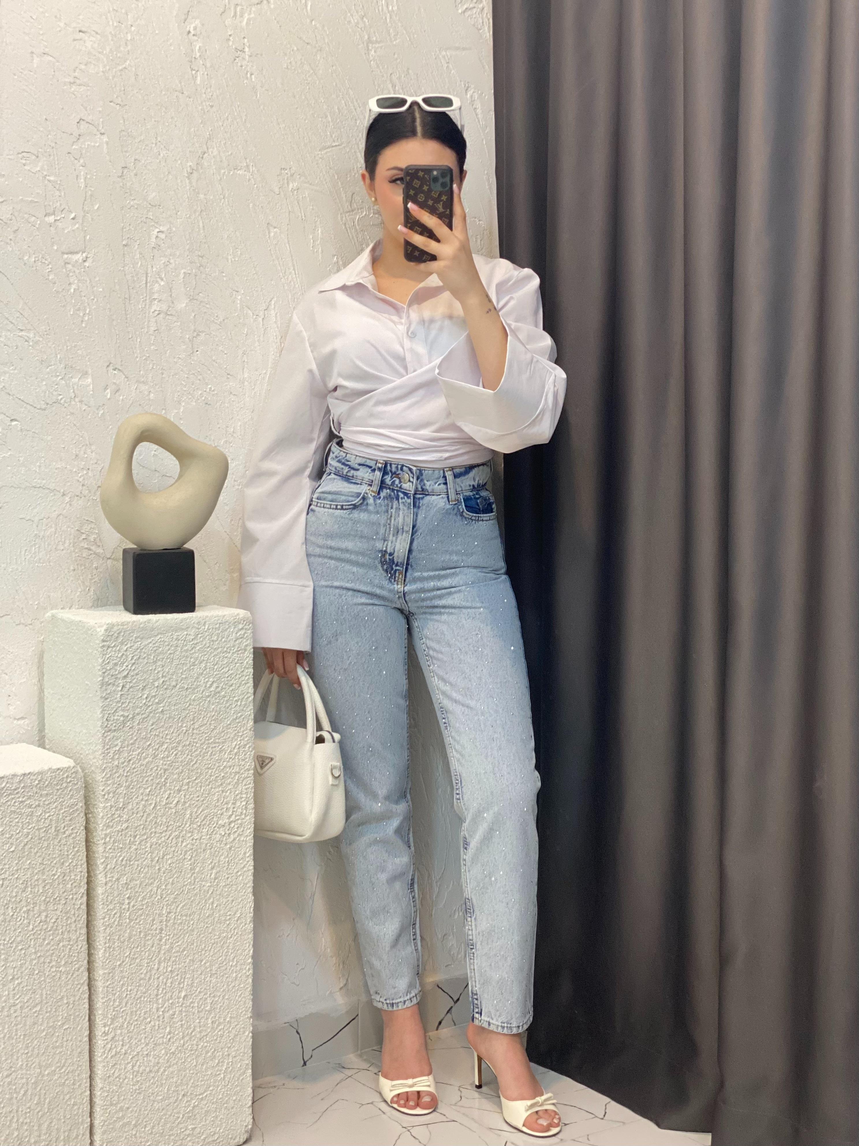 Buz Mavi Full Taşlı Boyfit Jean 