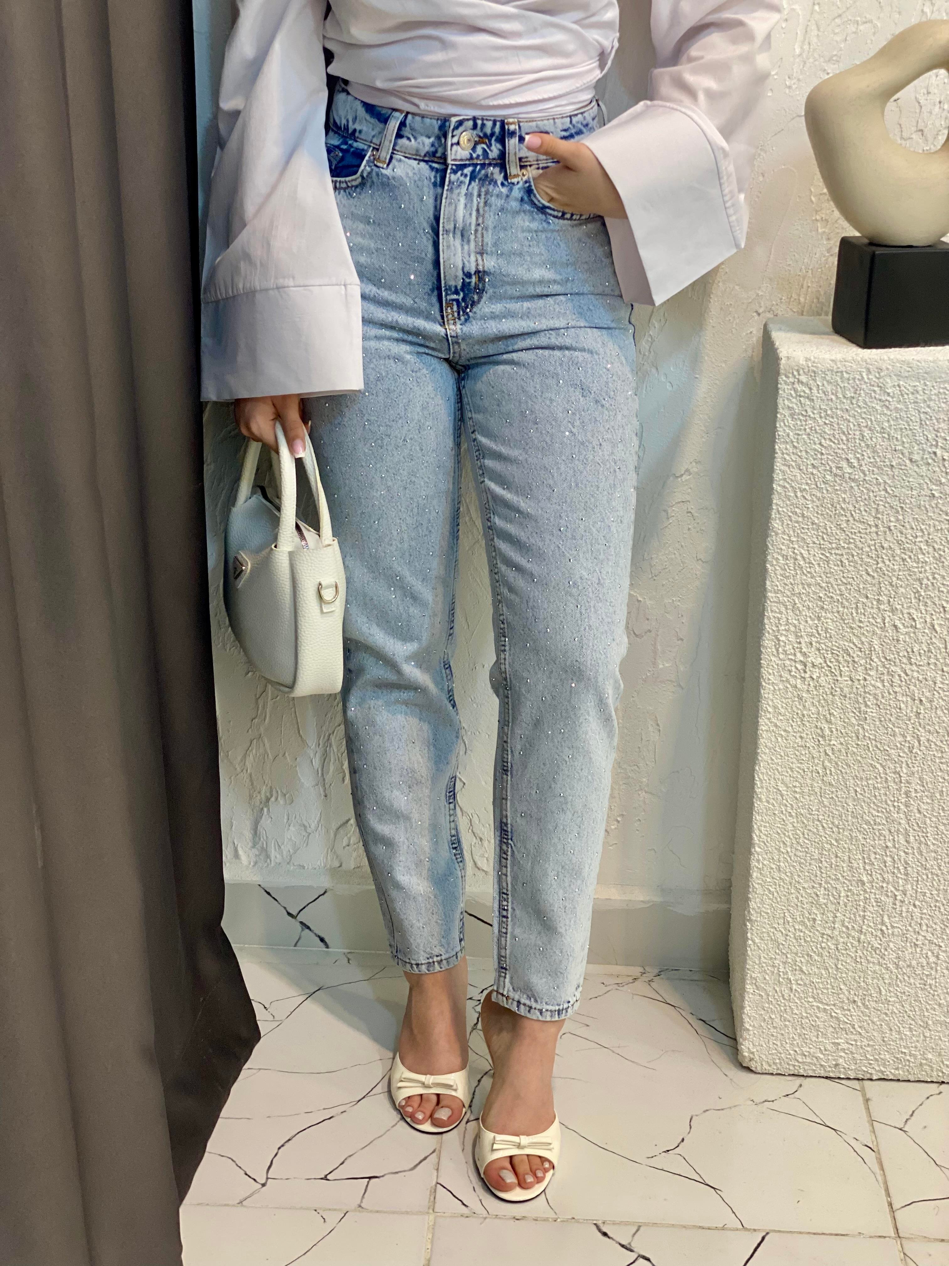 Buz Mavi Full Taşlı Boyfit Jean 