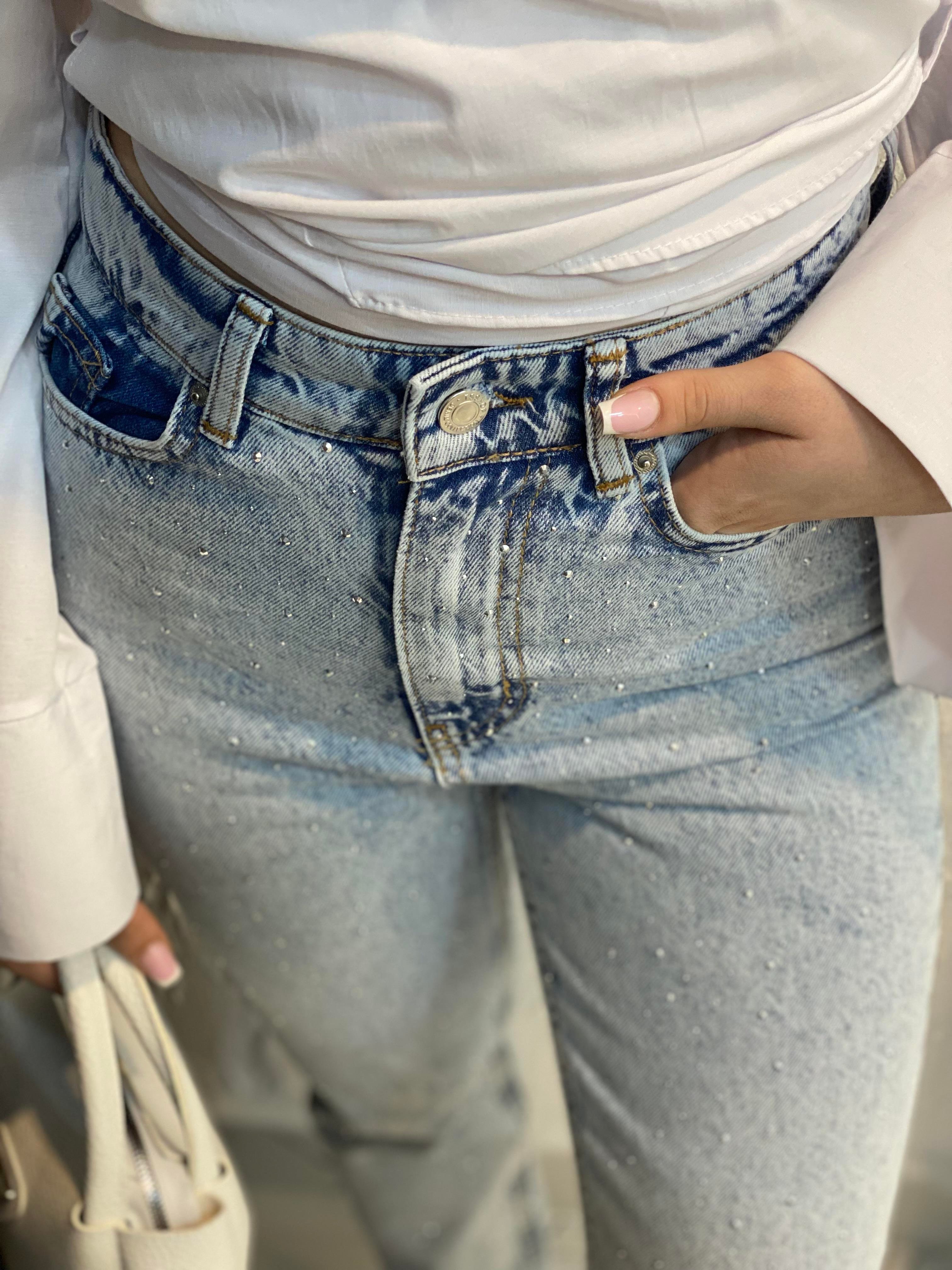 Buz Mavi Full Taşlı Boyfit Jean 