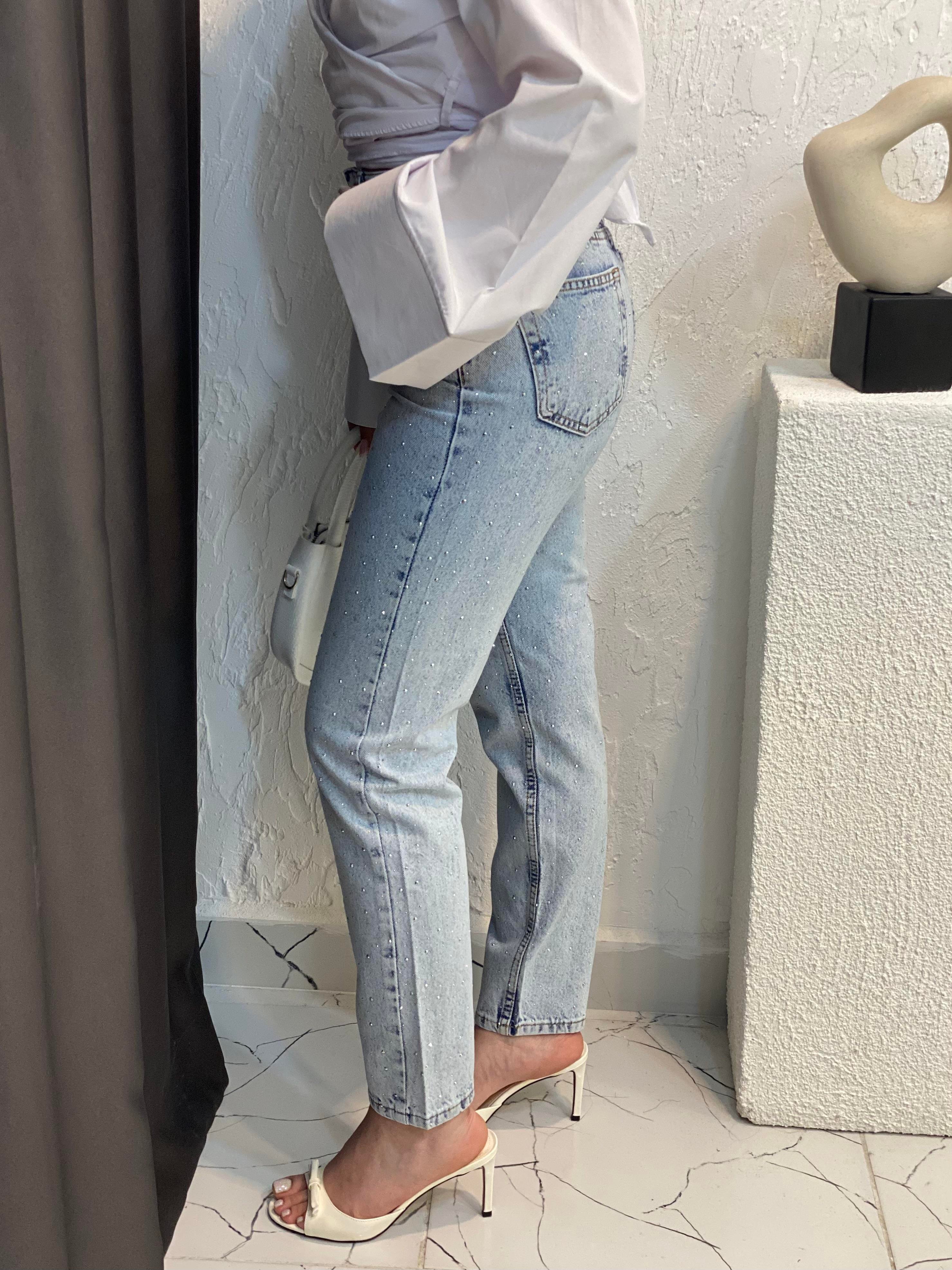 Buz Mavi Full Taşlı Boyfit Jean 