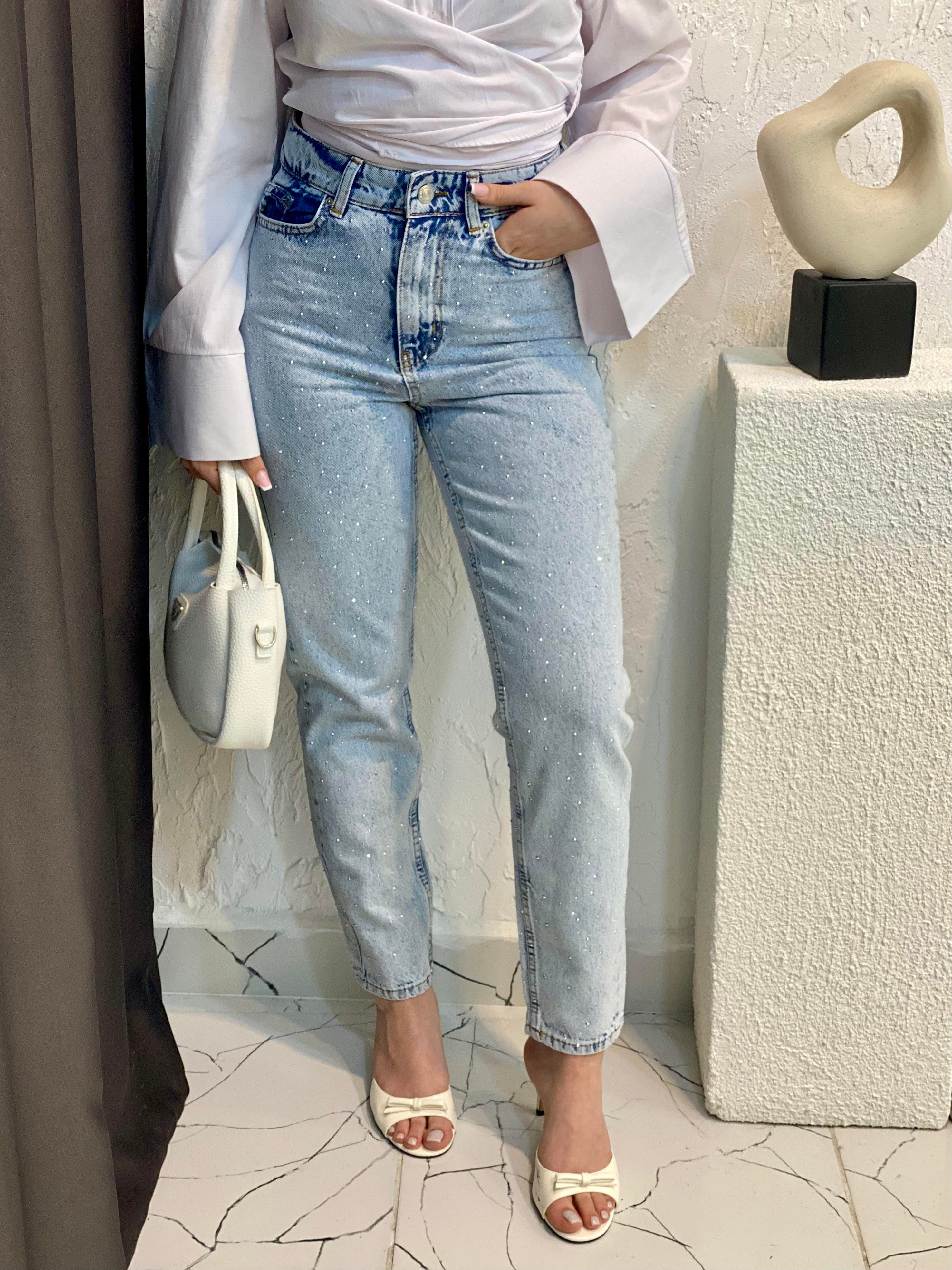 Buz Mavi Full Taşlı Boyfit Jean 