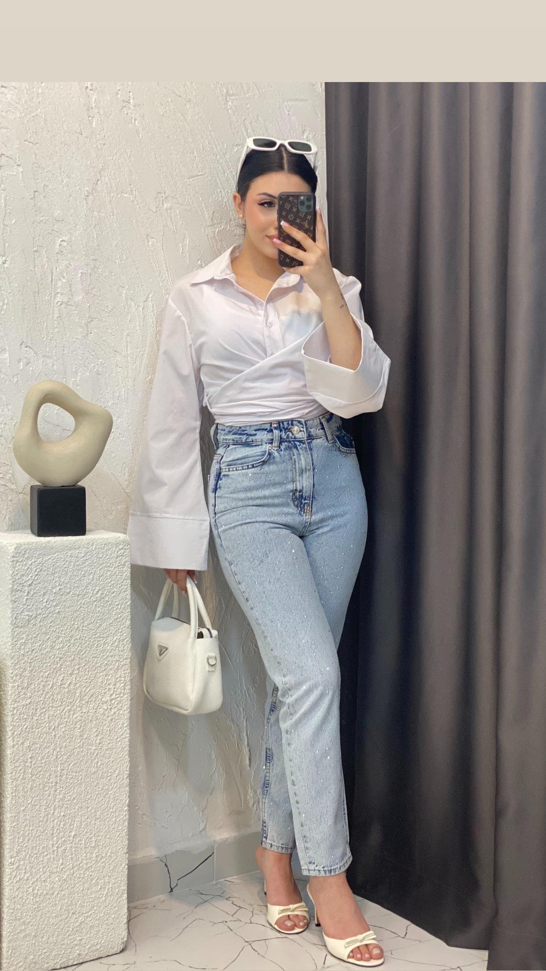 Buz Mavi Full Taşlı Boyfit Jean 