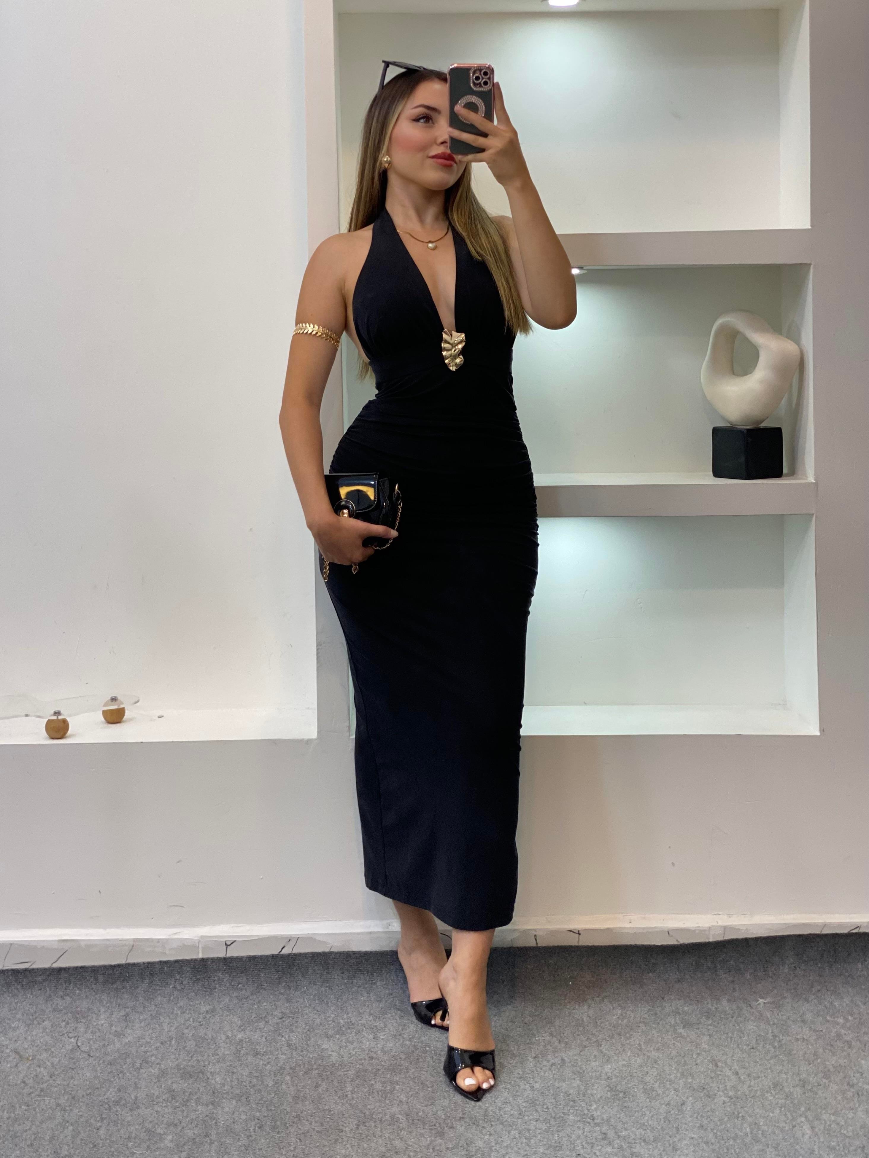 Buzlu Siyah Premium Kalite Sırt Dekolteli Elbise