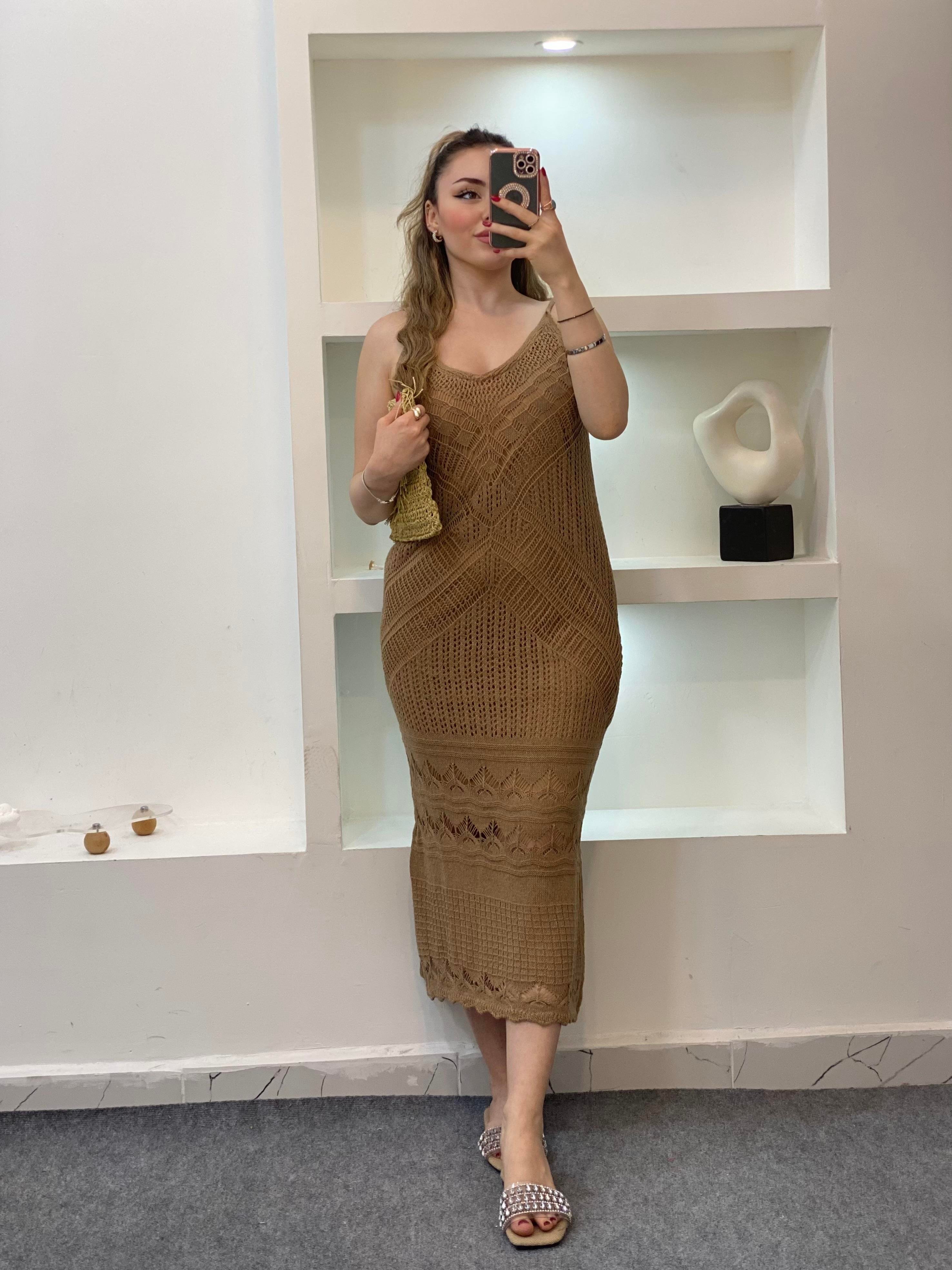 Camel Desenli Triko Elbise