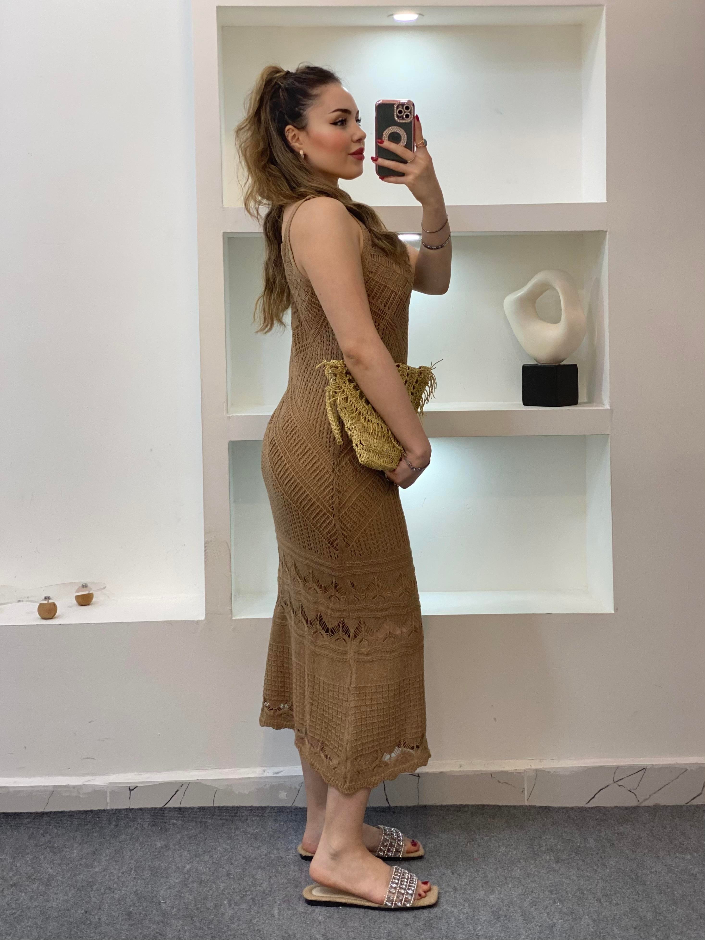 Camel Desenli Triko Elbise