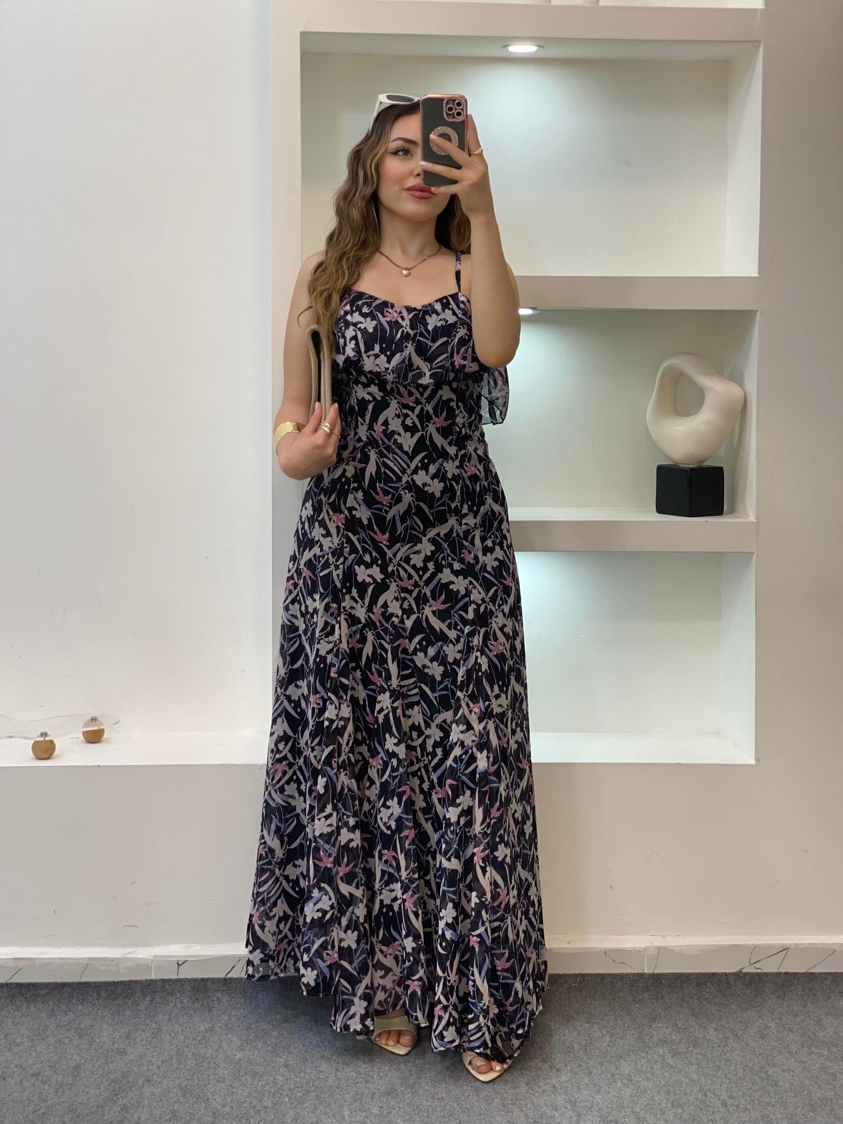 Çiçek Desen Askılı Şifon Elbise