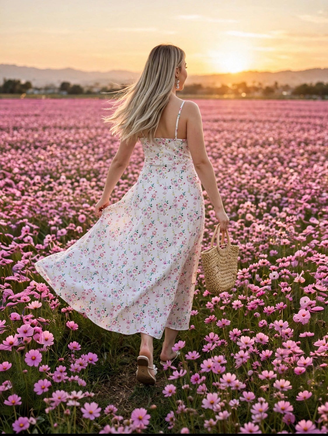 Çiçek Desenli Beyaz Floral Elbise 