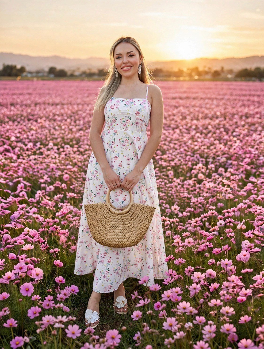Çiçek Desenli Beyaz Floral Elbise 
