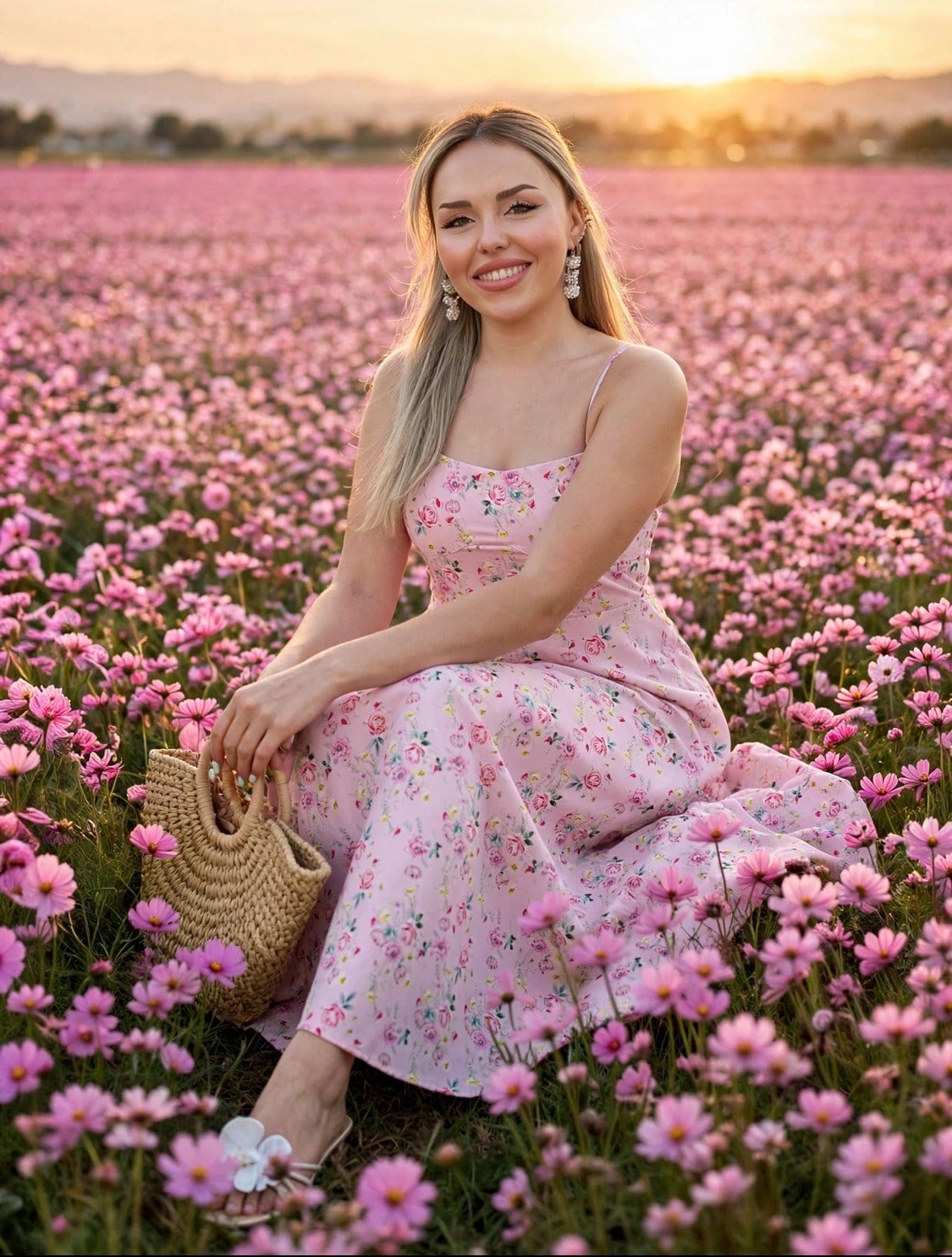 Çiçek Desenli Pembe Floral Elbise 