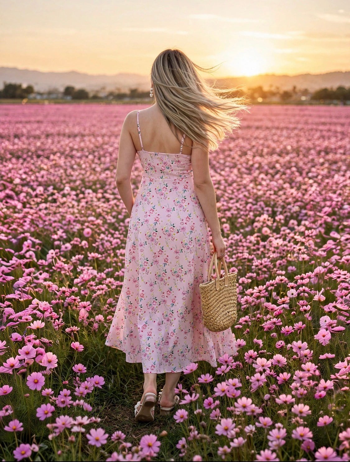 Çiçek Desenli Pembe Floral Elbise 