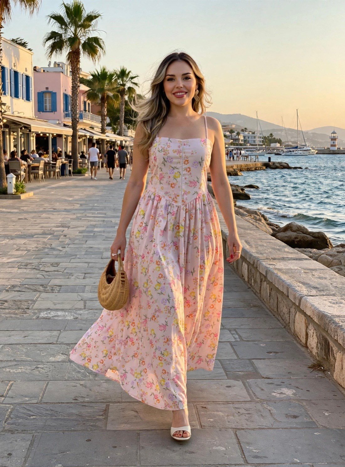Çiçek Desenli Pudra Pembe Floral Elbise 