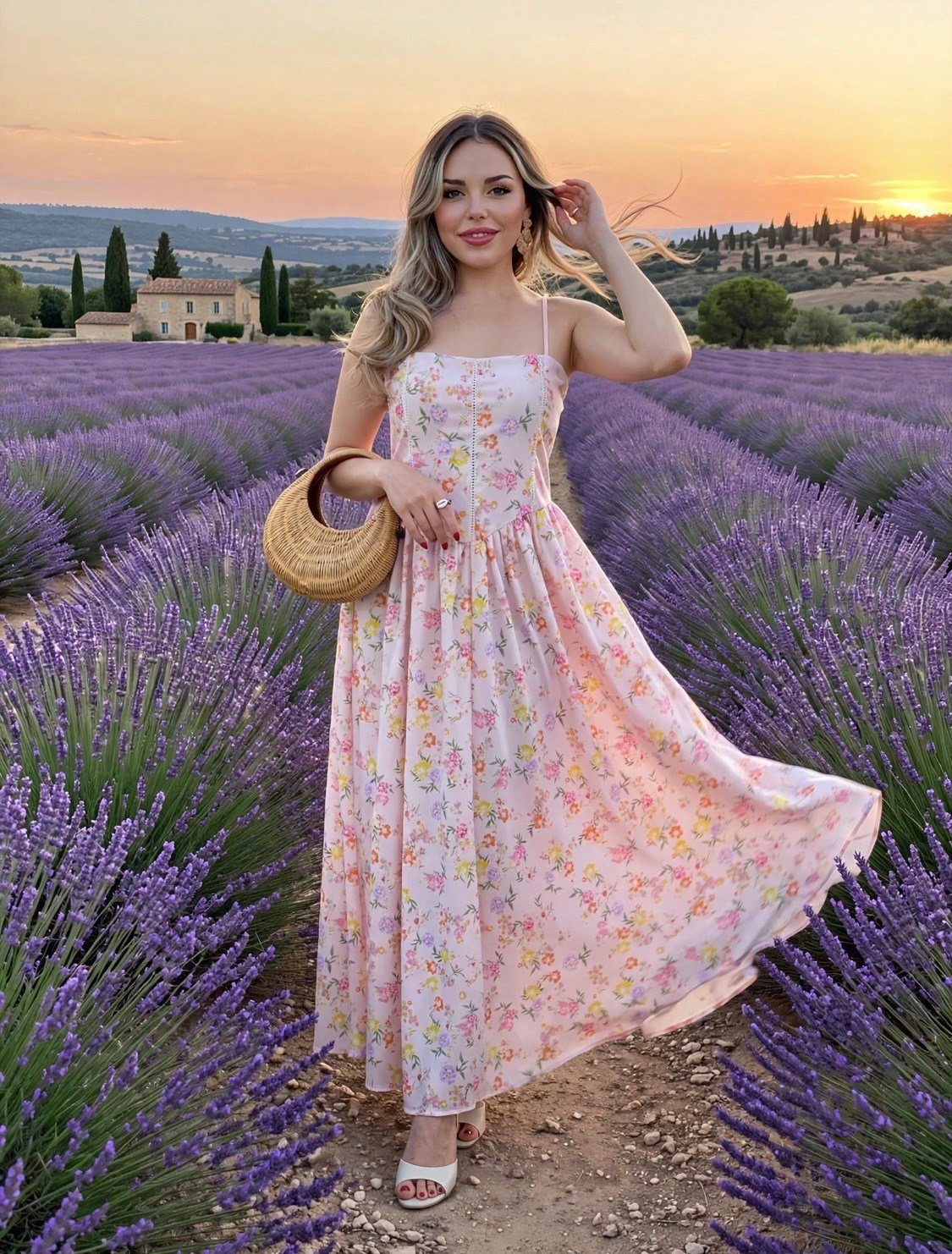 Çiçek Desenli Pudra Pembe Floral Elbise 