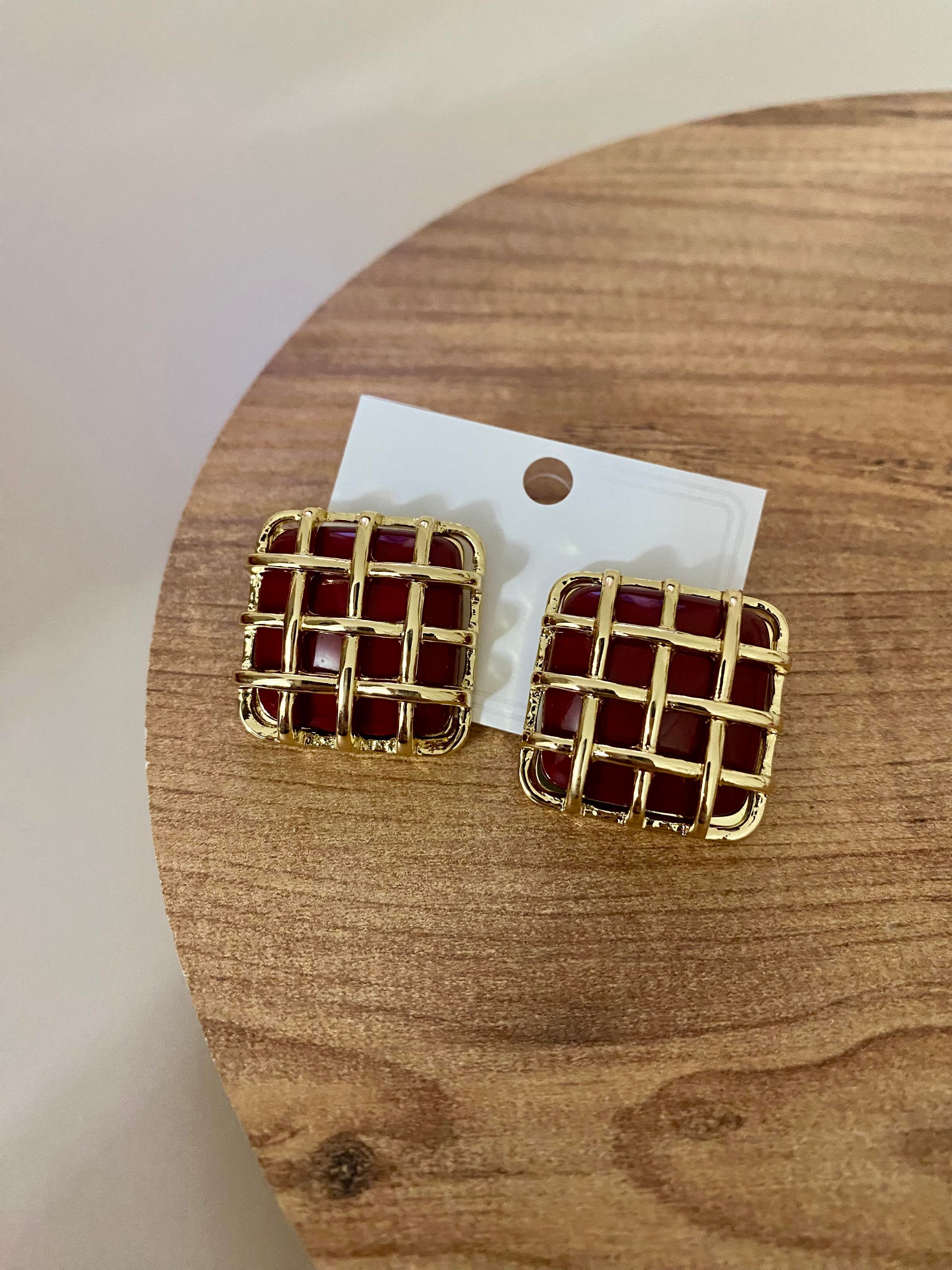 Gold Bordo Kafes Kare Küpe