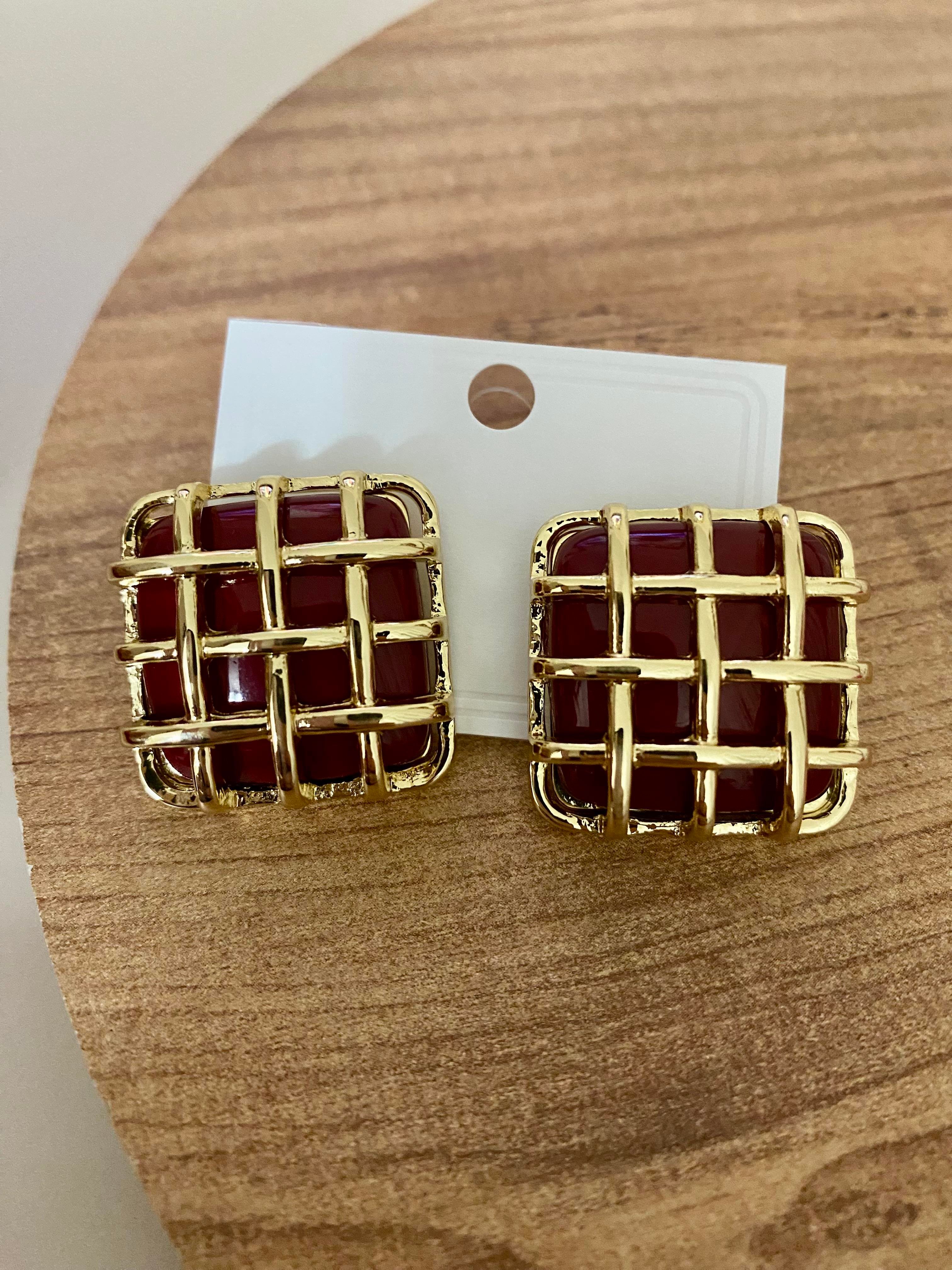 Gold Bordo Kafes Kare Küpe