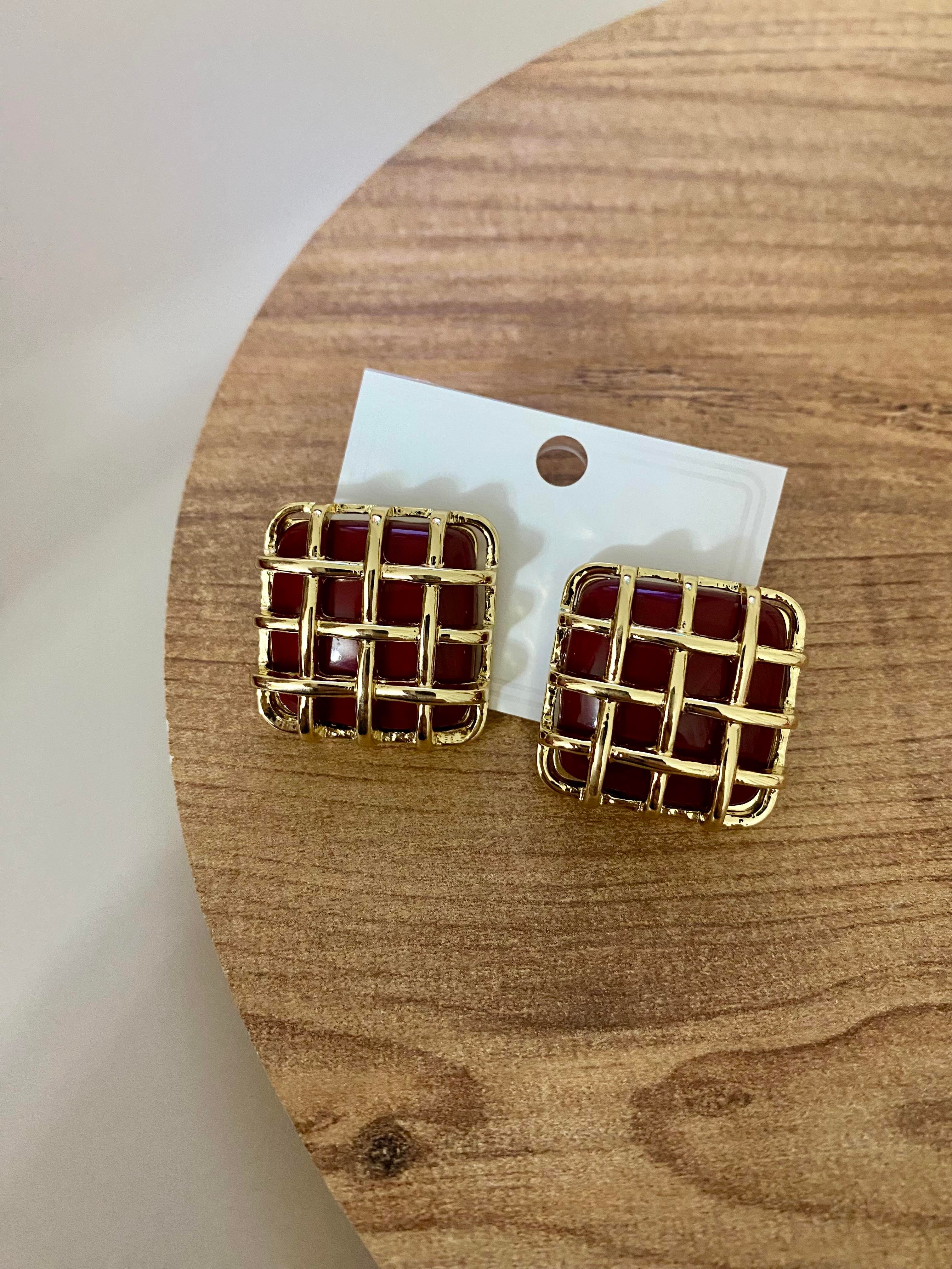 Gold Bordo Kafes Kare Küpe