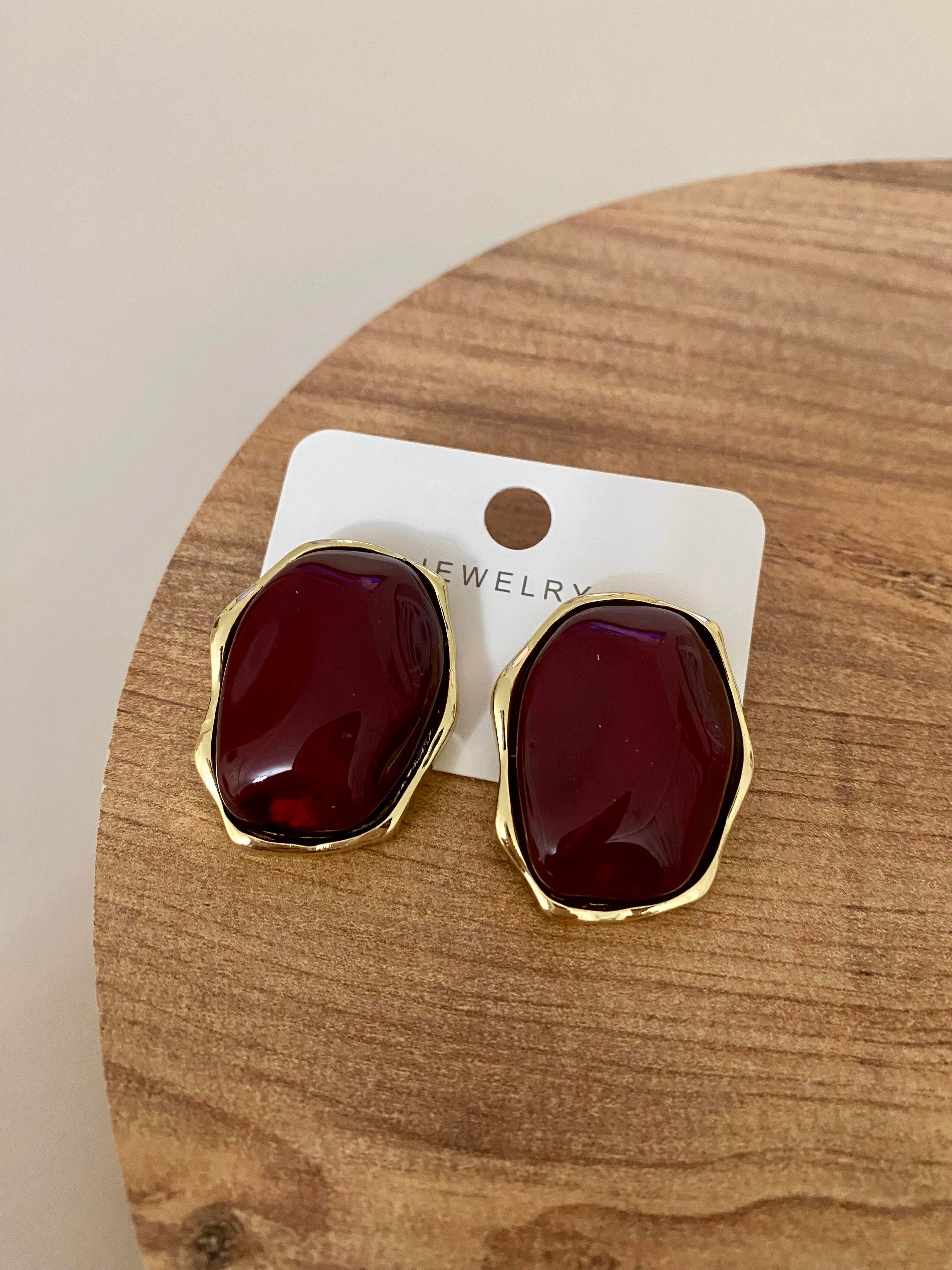 Gold Bordo Mineli Geometrik Küpe 