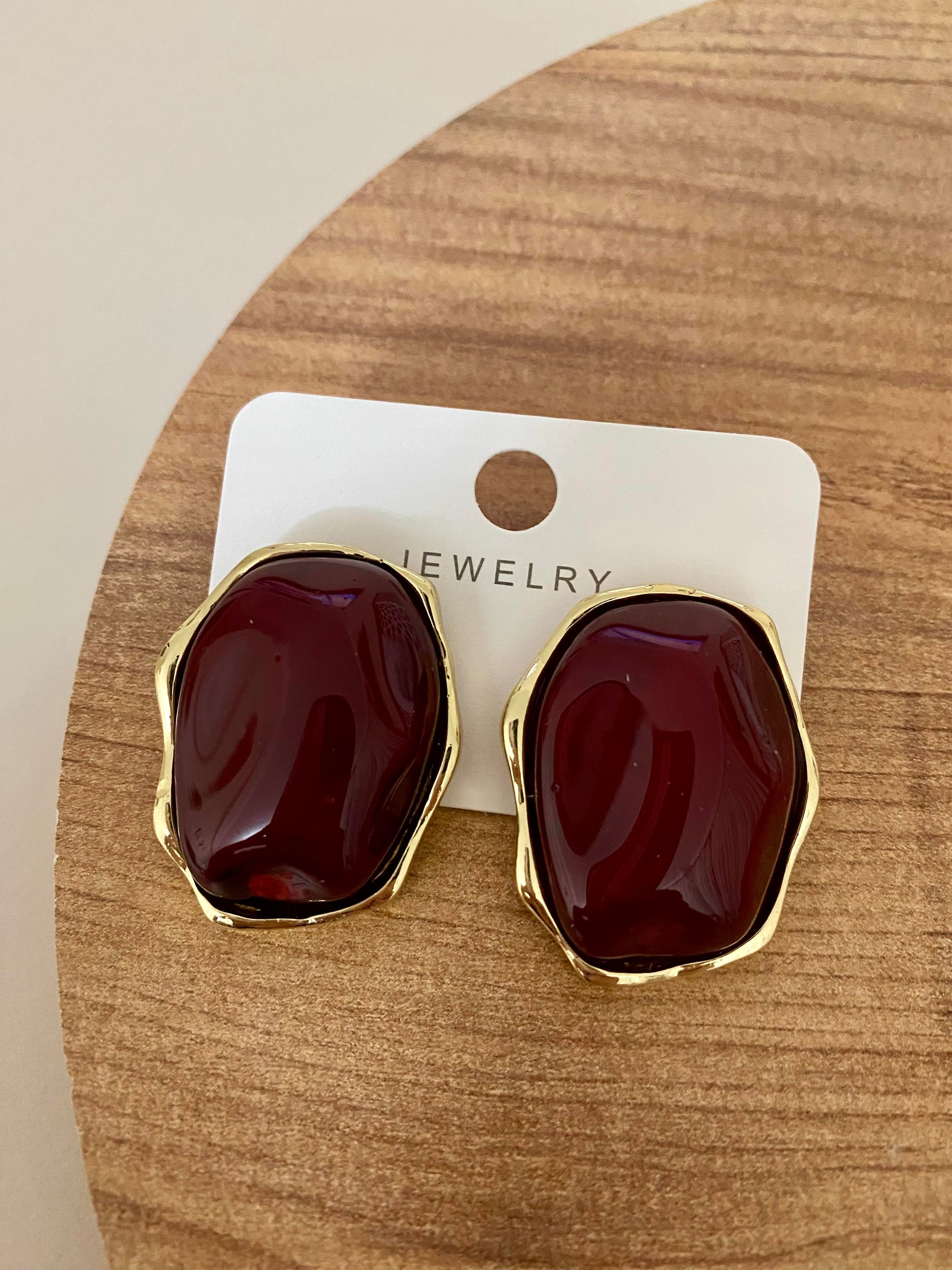 Gold Bordo Mineli Geometrik Küpe 